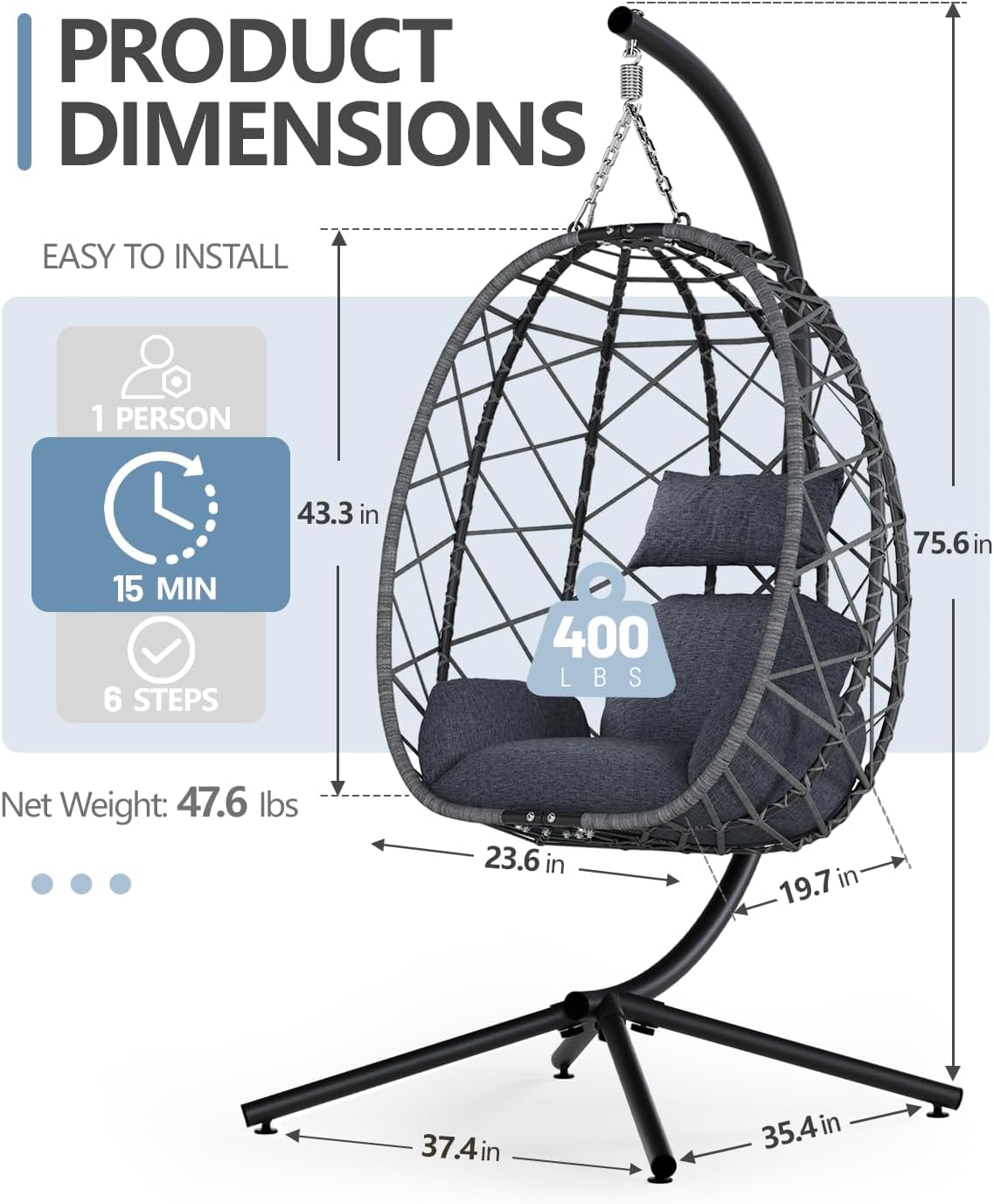 SWITTE Egg Swing Chair with Stand, Outdoor Patio Hanging Egg Chair, Indoor Hammock Chair with Cushion for Garden Backyard, 400LBS Capacity-Dark Grey