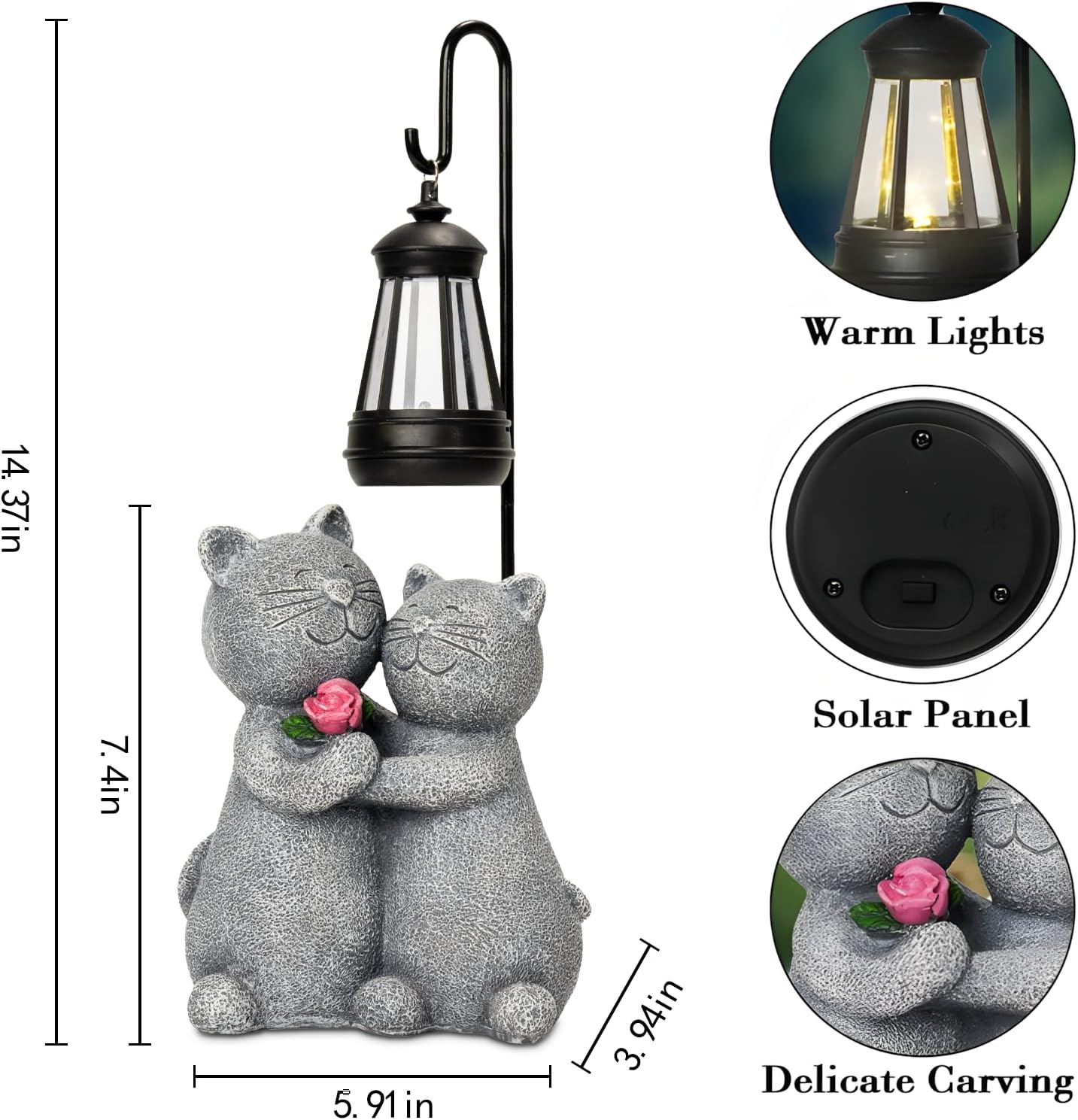 Outdoor Cat Garden Statues with Solar Lantern - Romantic Resin Kitty Couple Holding Rose, Funny Solar Cat Decor Gifts for Women, Cats Figurines for Yard Lawn Porch Patio