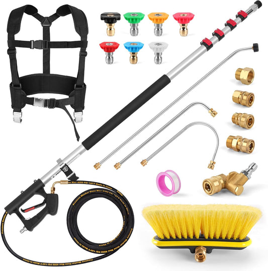 24FT Telescoping Power Washer Extension Wand, Gutter Cleaning Tools with Brush Head, 4 Adapters, 7 Spray Nozzles, Upgraded Support Belt, Pressure Washer Wand Extension for Wall Roof Gutter