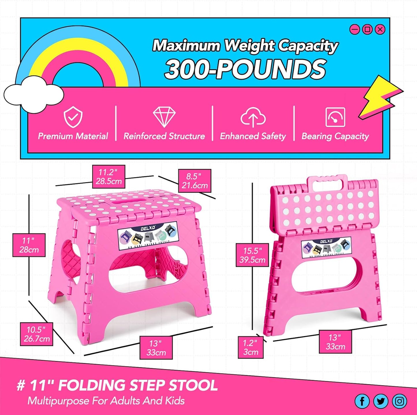 Delxo Folding Step Stool,11 Inch Non-Slip Foldable Step Stools for Kids and Adult,Portable Lightweight Small Folding Stool with Handle for Kitchen Bathroom in Pink,1 Pack