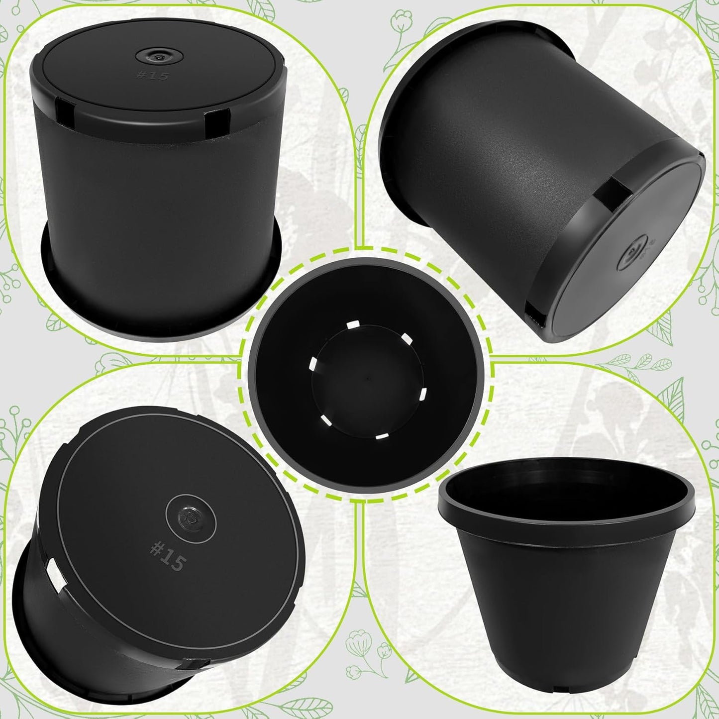 15 Gallon Nursery Pots Plastic Container Injection Molded Pot for Plants Flexible with Drainage Holes Suitable for Plants Soil Growers or Hydroponics Black 10 Pcs