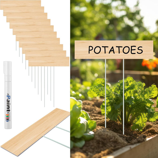 10 Set Jumbo Outdoor Plant Label Stakes Waterproof Nursery Garden Markers Plastic T Type Plant Tag Identification Stake with Marker Pen for Herb Vegetable Flowers, 12" High(Wood Color)