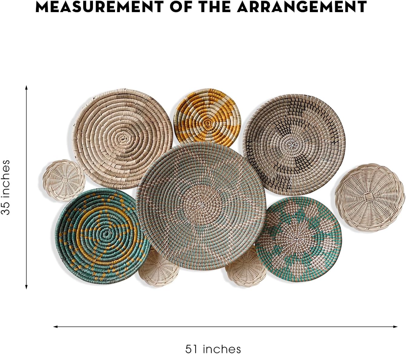 Wicker Basket Wall Decor – Boho Baskets For Wall Decoration with Loop Attached, Handwoven Wall Plates, Natural Woven Wall Art for Living Room Bedroom, Decorative Seagrass Wall Hanging Set of 10