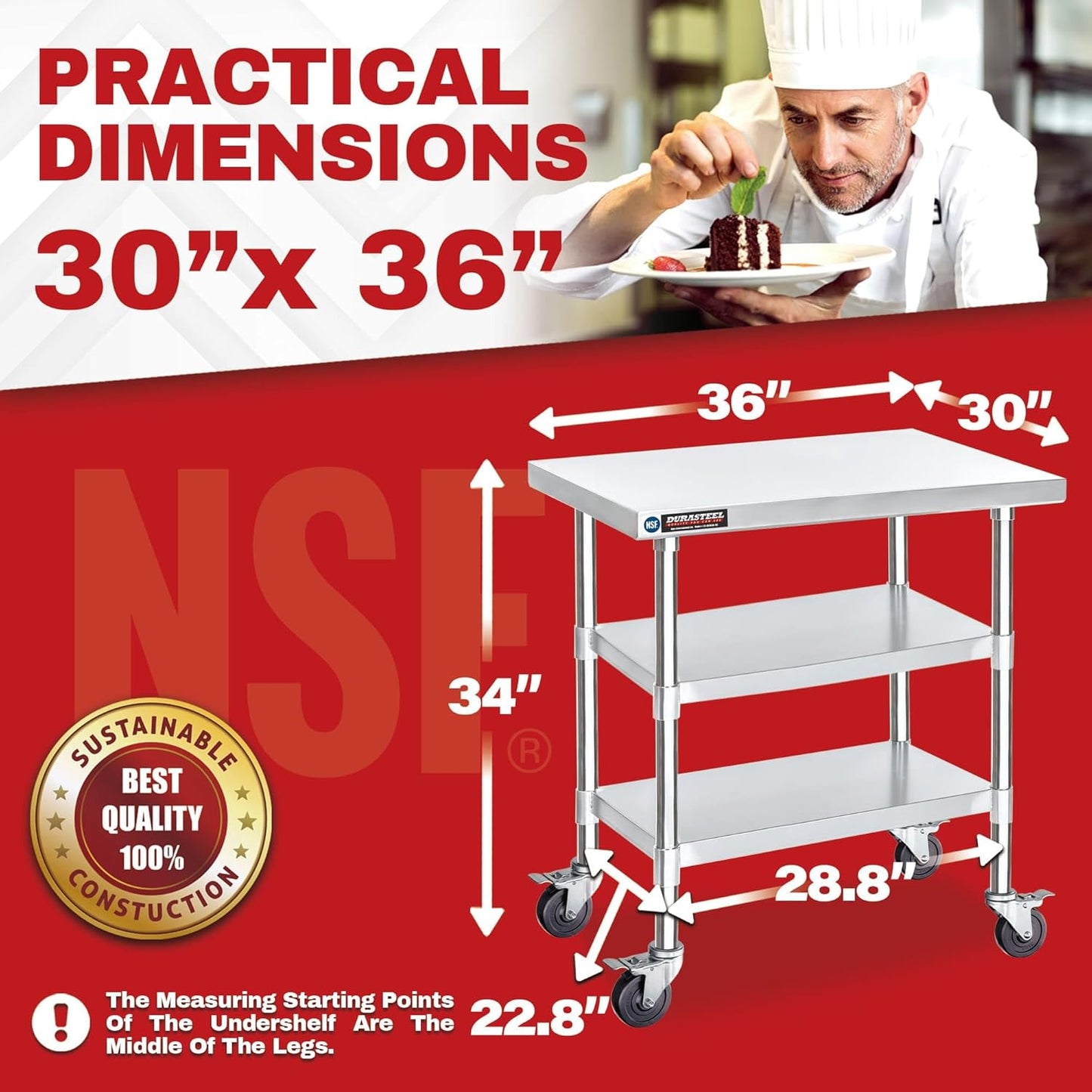 DuraSteel Stainless Steel Work Table 30" x 36" x 34" Height w/ 4 Caster Wheels - Food Prep Commercial Grade Worktable - NSF Certified - Good for Restaurant, Business, Warehouse, Home, Kitchen, Garage
