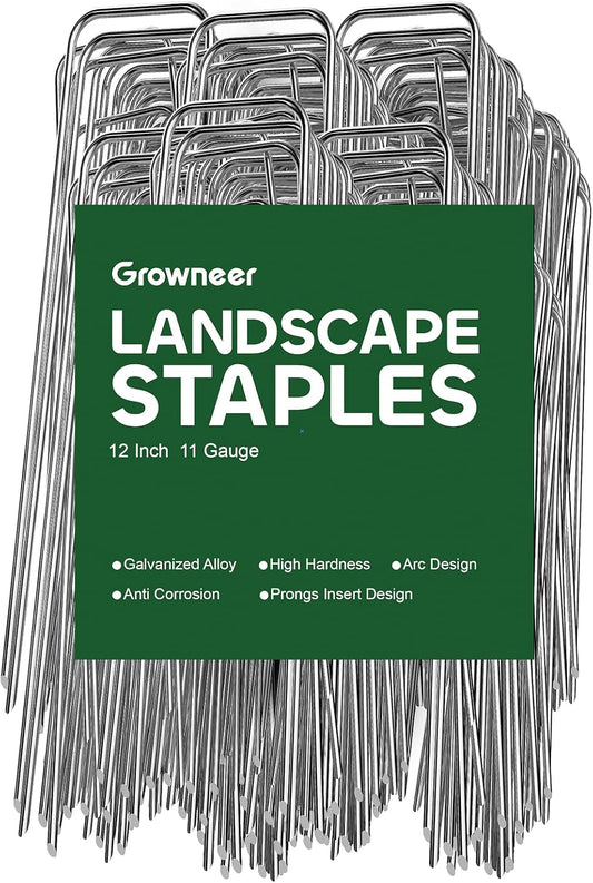 GROWNEER 50 Packs 12 Inches Landscape Staples Heavy Duty 11 Gauge Galvanized Steel Garden Stakes Securing Pegs for Securing Weed Fabric Landscape Fabric Netting Ground Sheets and Fleece