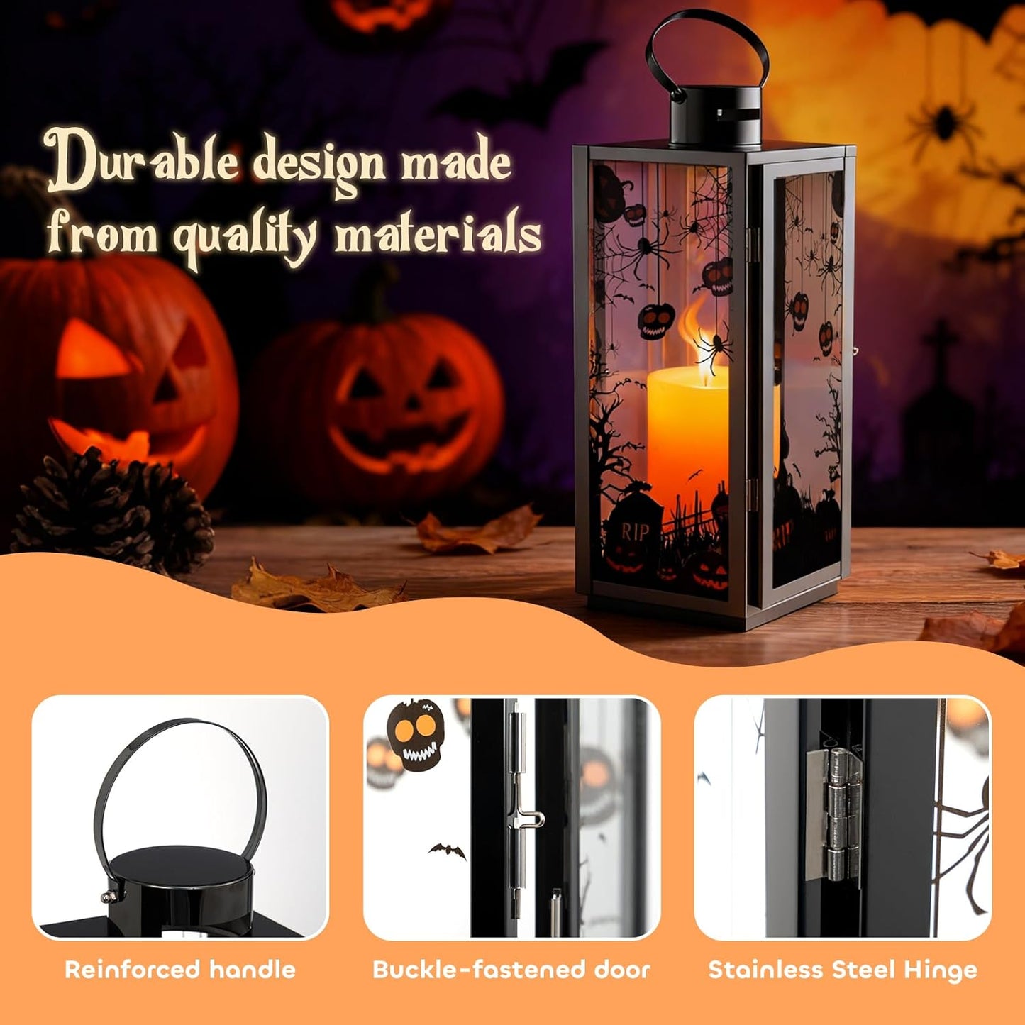 MATICO Stainless Decorative Candle Lantern Set of 3, Hanging Decor Hurricane Lantern Candle Holder for Festival Ceremony Home Decor, Both Indoor & Outdoor Use，Halloween