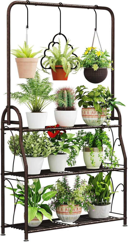 SORCEDAS Plant Stand Indoor Outdoor 3 Tier Tall Corner Hanging Shelf Metal Flower Stands Ladder Holder for Living Room Balcony Garden Patio Multiple Plants, Bronze