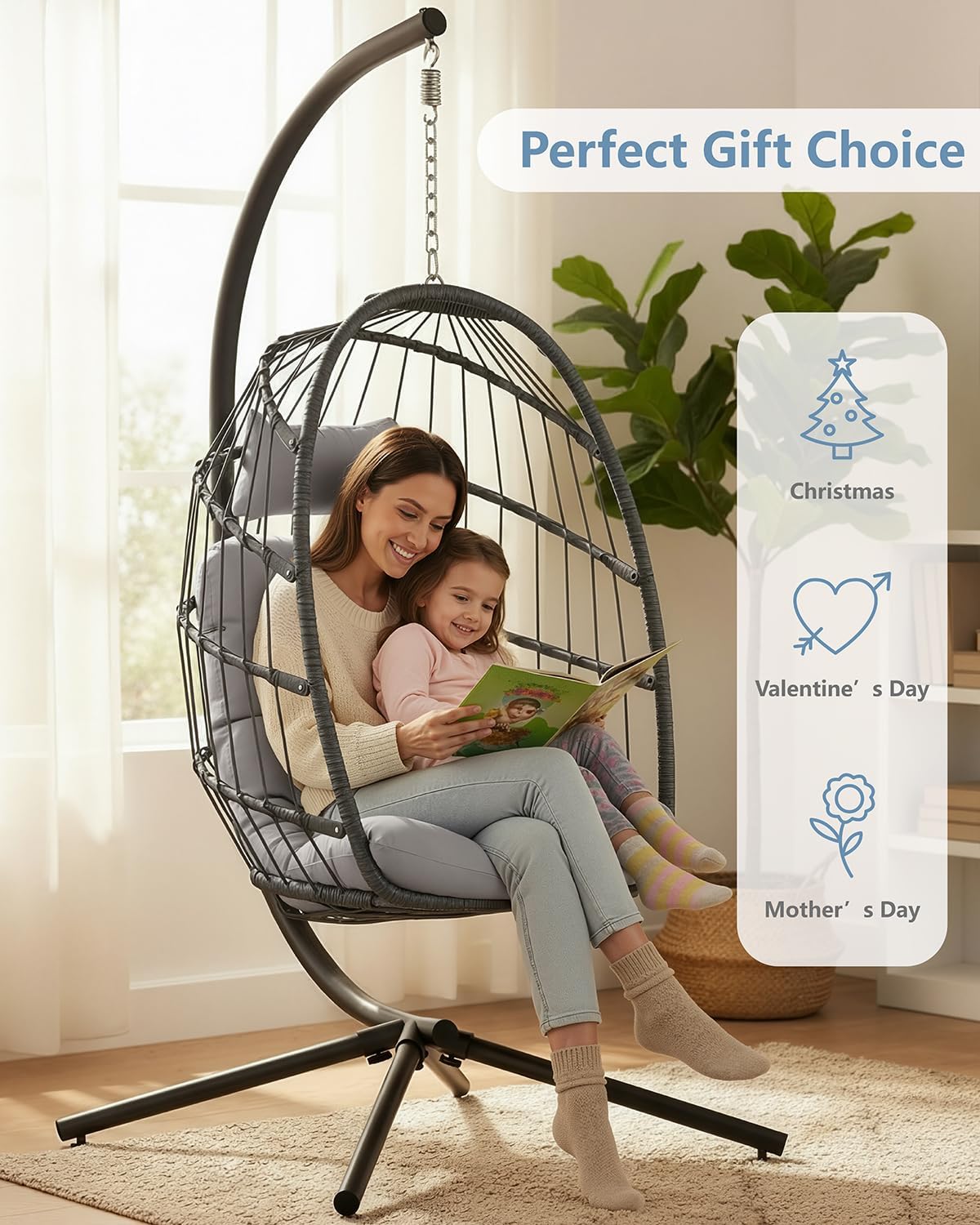 SWITTE Egg Chair Outdoor with Stand, Indoor Wicker Hanging Egg Swing Chair with Cushion, 350lbs Capacity for Patio, Bedroom, Garden - Light Grey