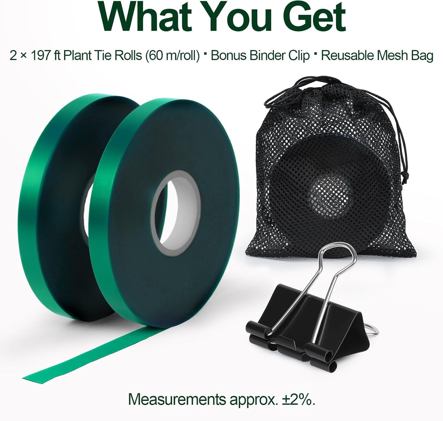 2 Rolls Plant Tie Tape, 0.5 in × 197 ft Each (394 ft Total) – Soft Stretch PVC Garden Ties, Reusable Non-Adhesive, with Binder Clip & Mesh Storage Bag for Tomato, Vine, Flower & Tree Suppor