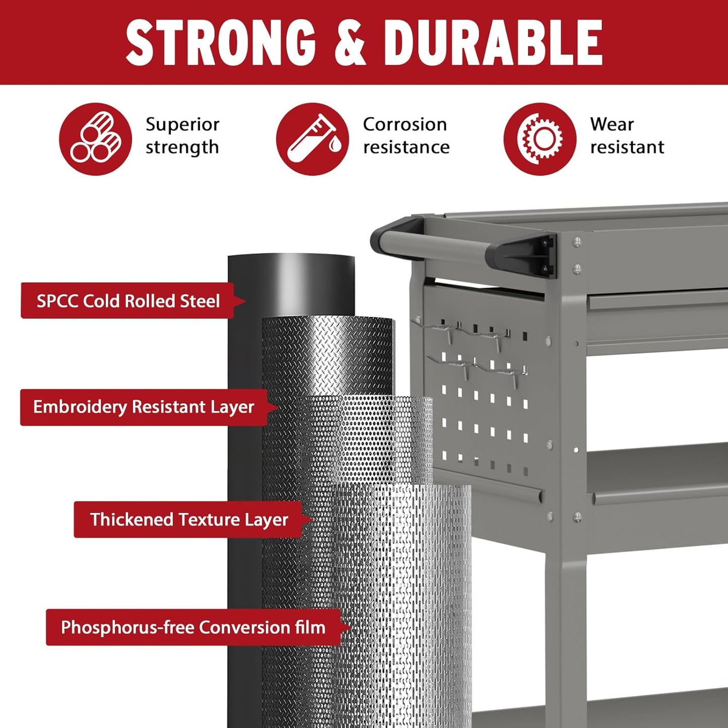 3 Tier Rolling Cart, Heavy Duty Utility Industrial Service Carts on Wheels, Metal Tool Cart with Locked Drawers, Ideal for Garage, Warehouse and Repair Shop（Grey）