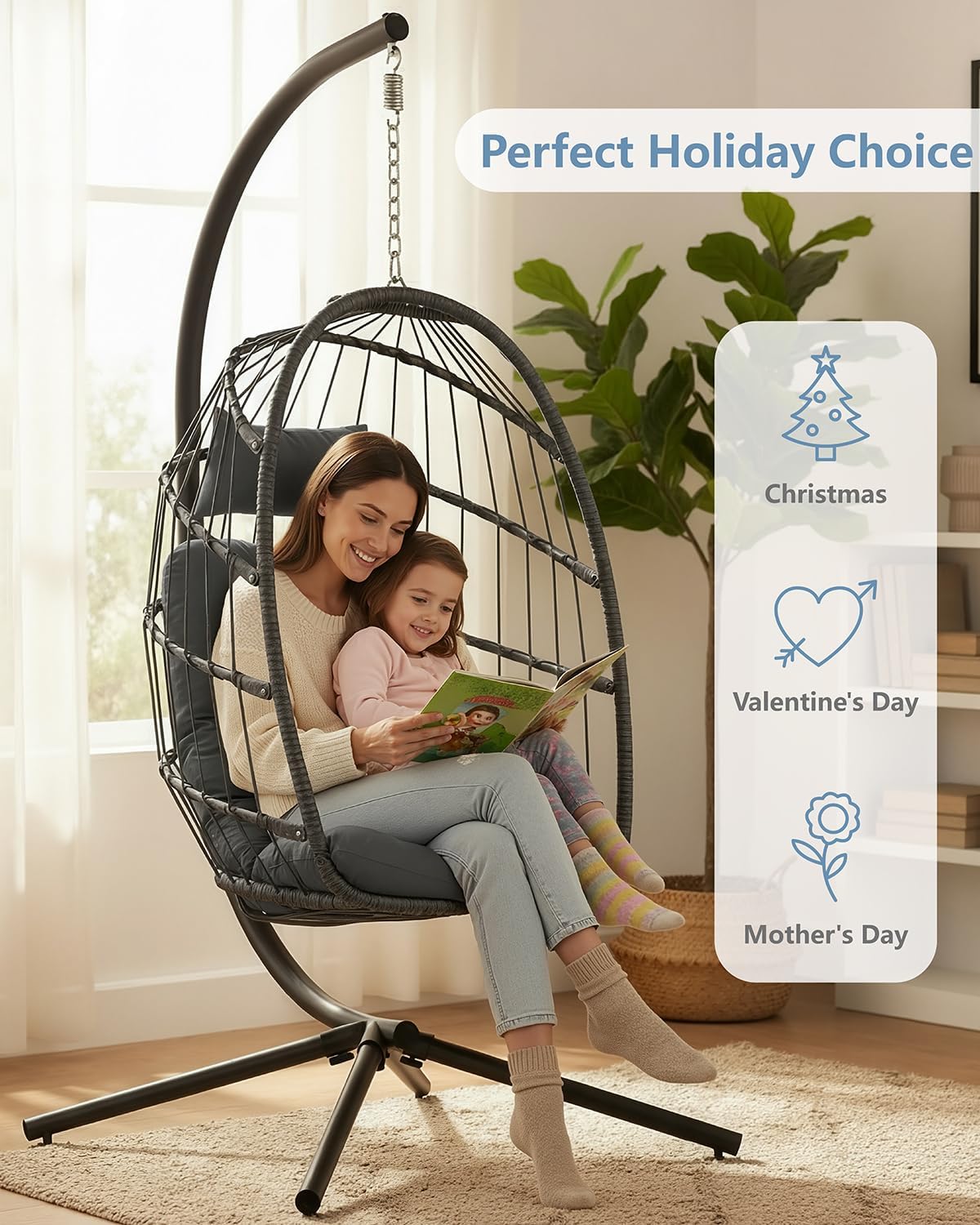 SWITTE Egg Chair Outdoor with Stand, Indoor Wicker Hanging Egg Swing Chair with Cushion, 350lbs Capacity for Patio, Bedroom, Garden - Dark Grey