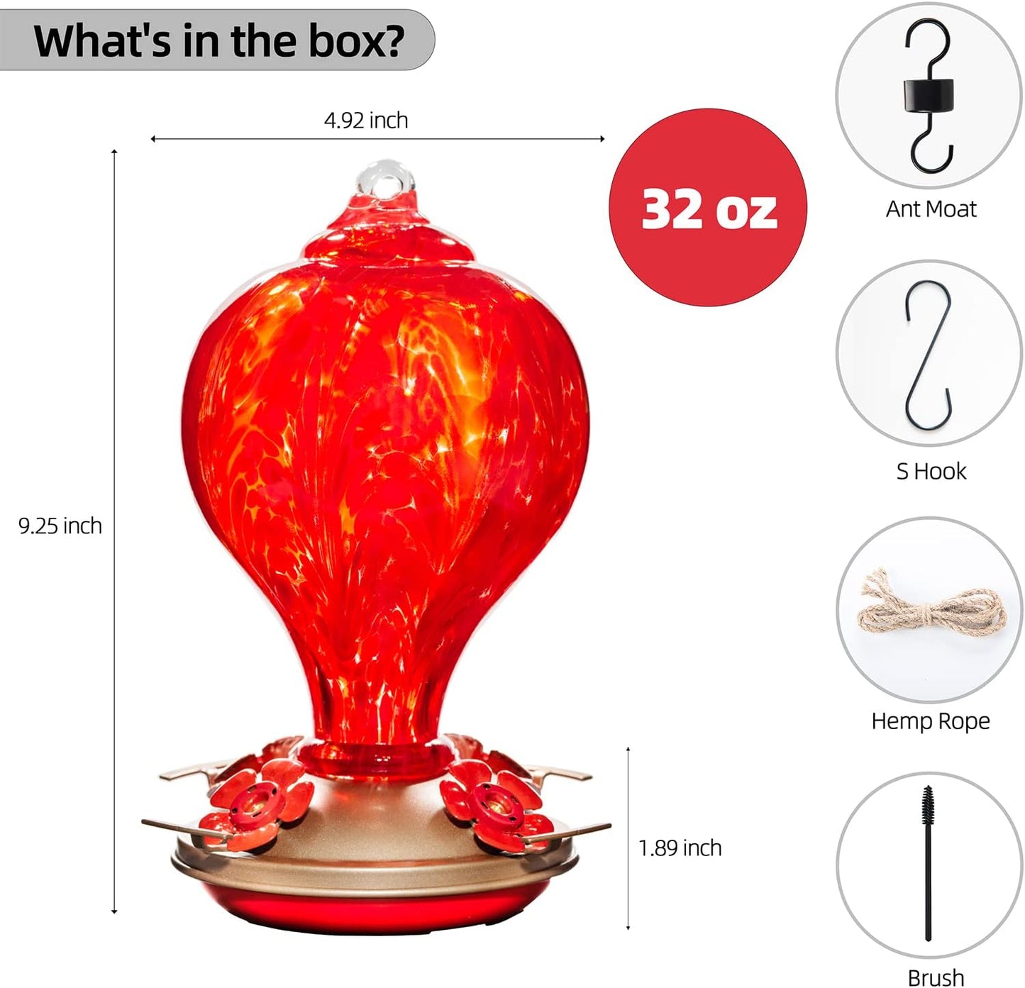 2 Packs Hummingbird Feeder for Outdoors Hanging Ant and Bee Proof, 32OZ Hand Blown Glass Hummingbird Feeders for Outside, Christmas Decoration Gifts for Mom (Teal & Red)