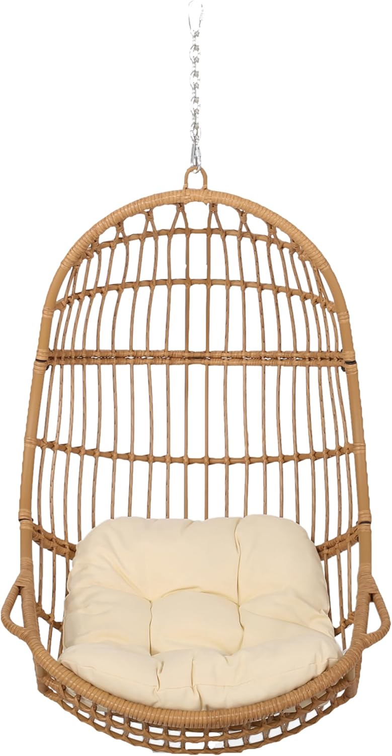 Christopher Knight Home Mariah Wicker Hanging Chair with Cushion, Outdoor Indoor Basket Chair, Boho Garden Lounger Porch Swing Furniture, Modern Patio Decor, Light Brown and Beige