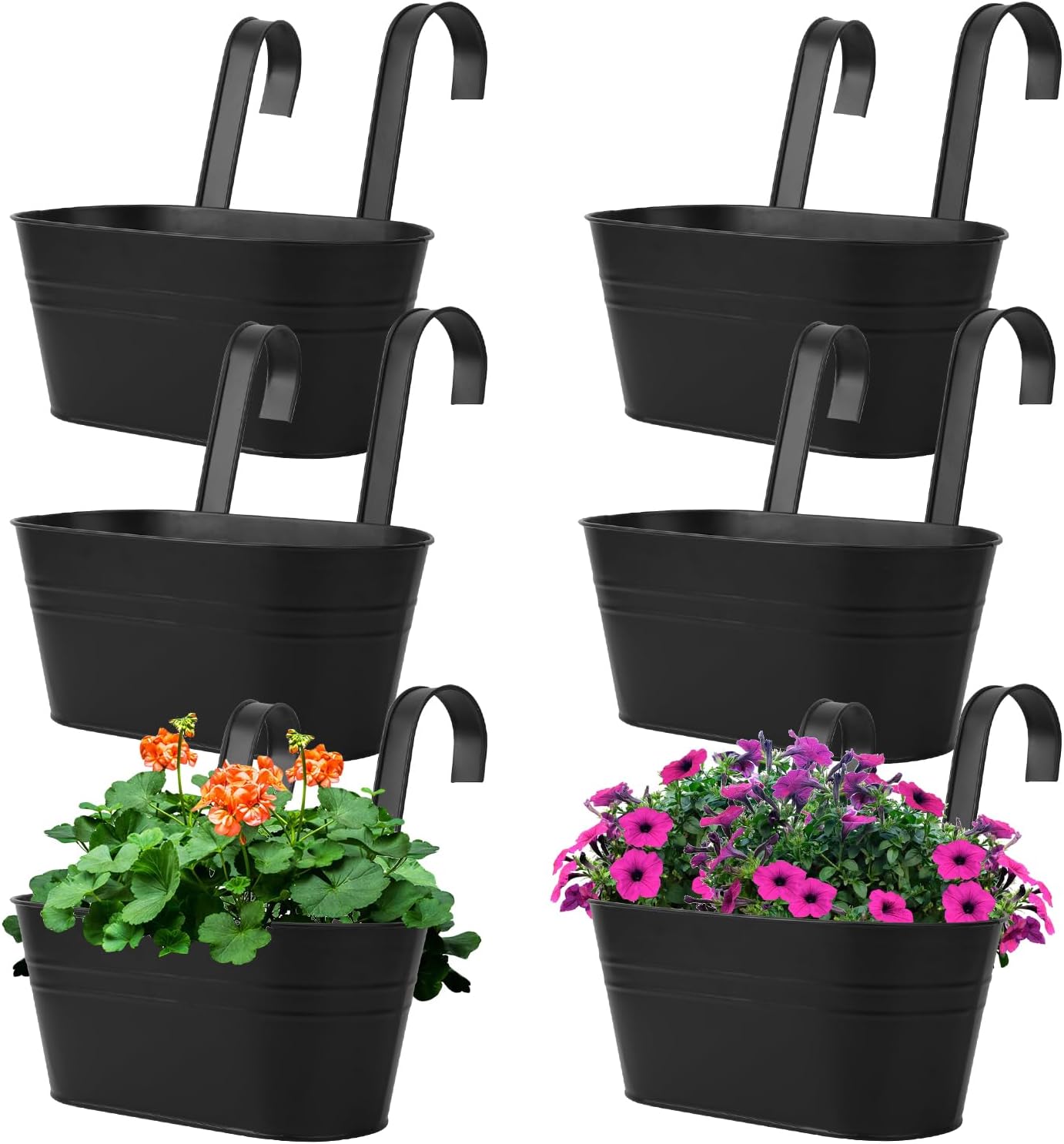 6 Pack Metal Railing Planter for Outdoor Plants, BlackIron Railing Planters, Metal Window Hanging Flower Pots for Balcony, Fence, and Patio Railings, Garden Decor with Drainage Holes