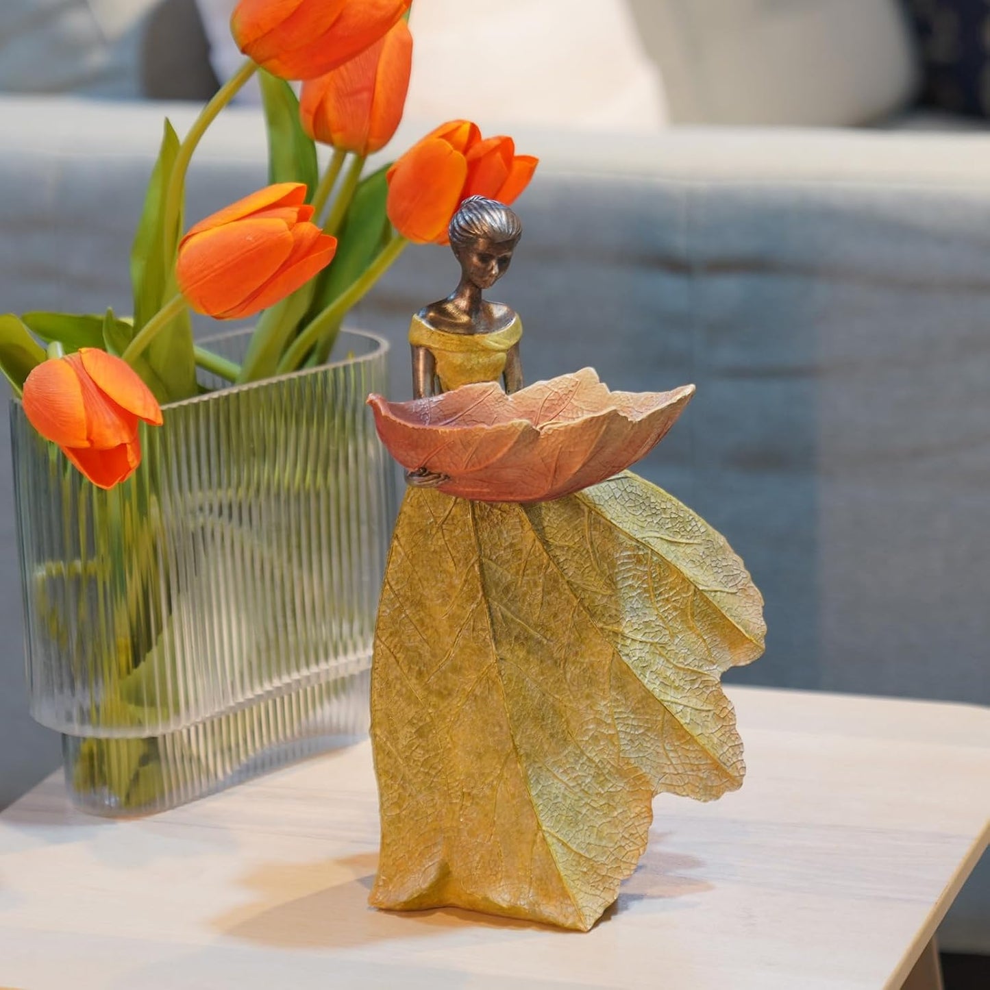 DiliComing Fairy Garden Statue Bird Feeder - 12 Inch Fairy Statue for Home Decoration, Resin Outdoor Statues for Garden Decoration, Best Bird Feeder Gift for Women(Yellow)