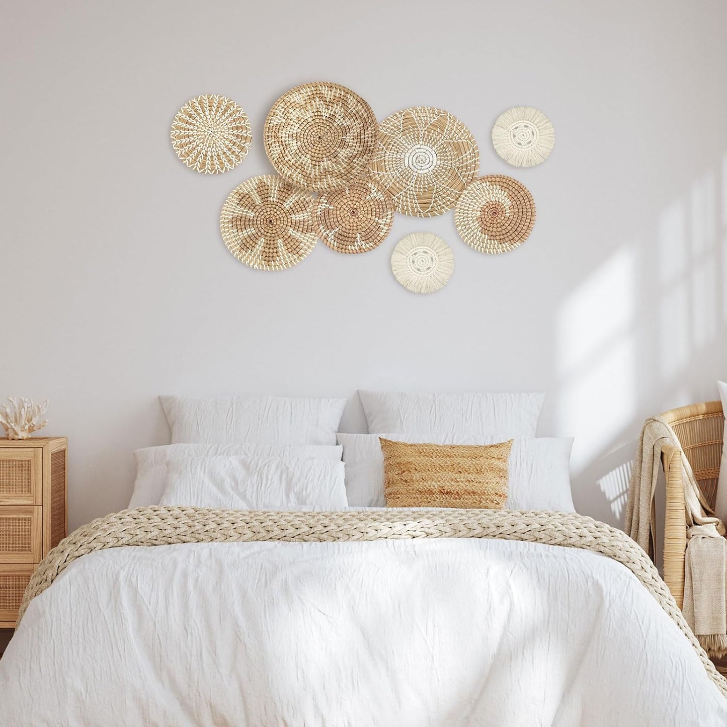 Xuhal Set of 8 Hanging Woven Wall Basket Handmade Decorative Rustic Boho Basket Decor Handcrafted Wicker Round Seagrass Wall Art for Home Kitchen Farmhouse Table Living Room(Classic)