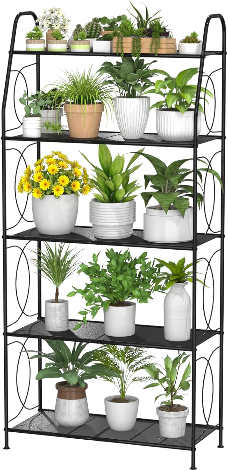 5 Tier Plant Stand Indoor Outdoor, Heavy Duty Plant Shelf, Metal Mesh Tall Plant Stands Holder Rack for Living Room Balcony and Garden, Black