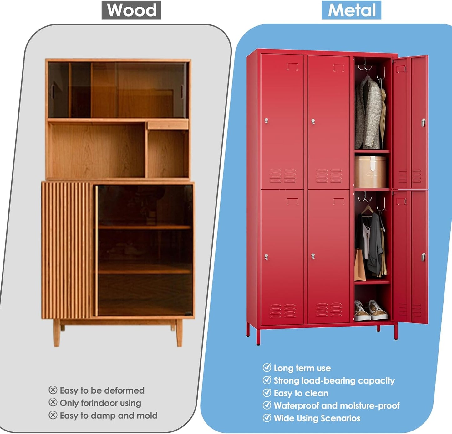 6 Doors Metal Locker Employee with Business Card Holder and 18 Hooks,Metal Locker for Employees with Ventilation Holes for Office Garage Gym Home,Assembly Required,Red