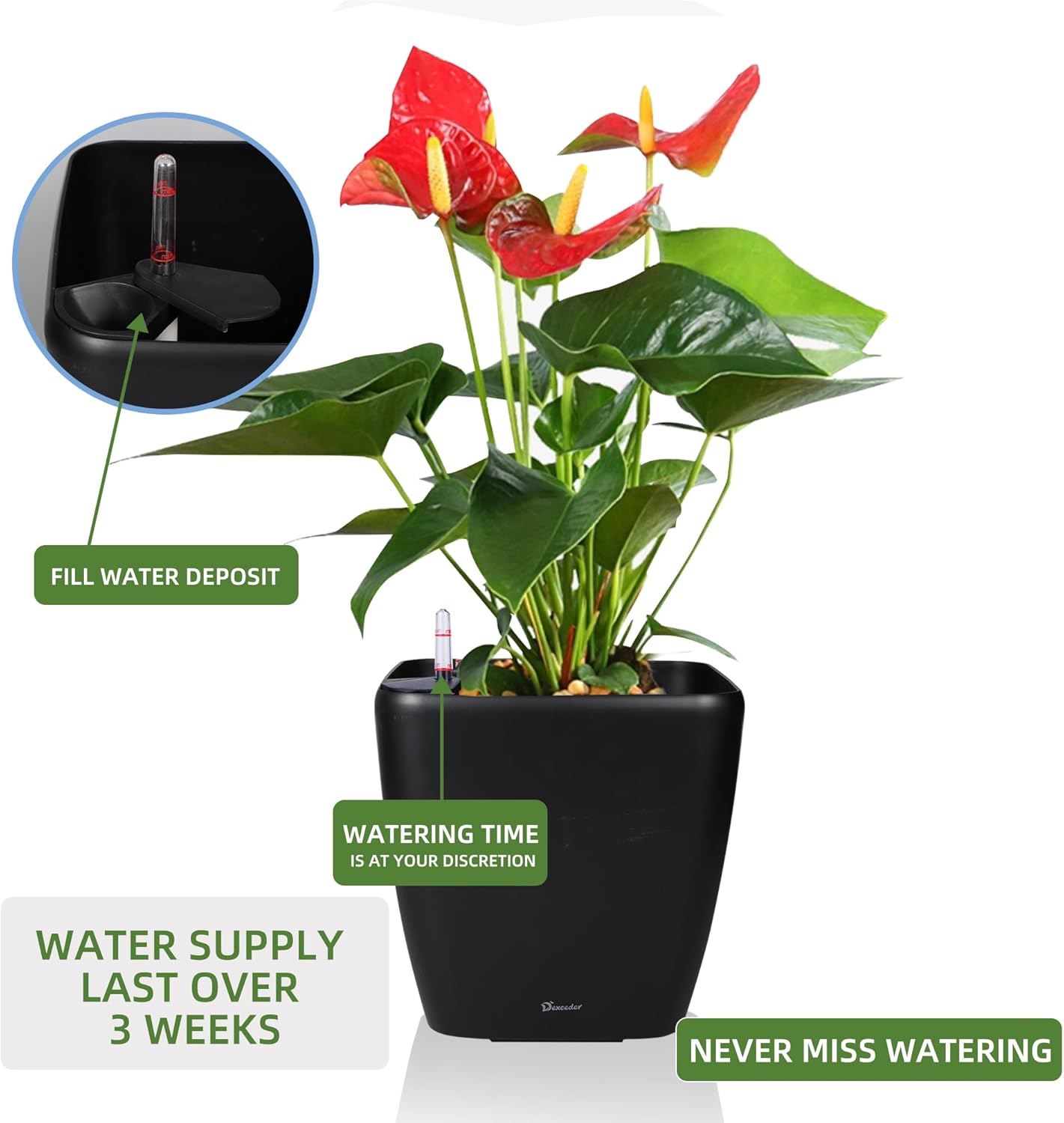 Dexceder 13x12 Self Watering Planter with Wheels Indoor Outdoor, Inner Mat Design, Thickened Large Floor Standing Flower Plant Pot with Water Level Indicator (Black Matte)