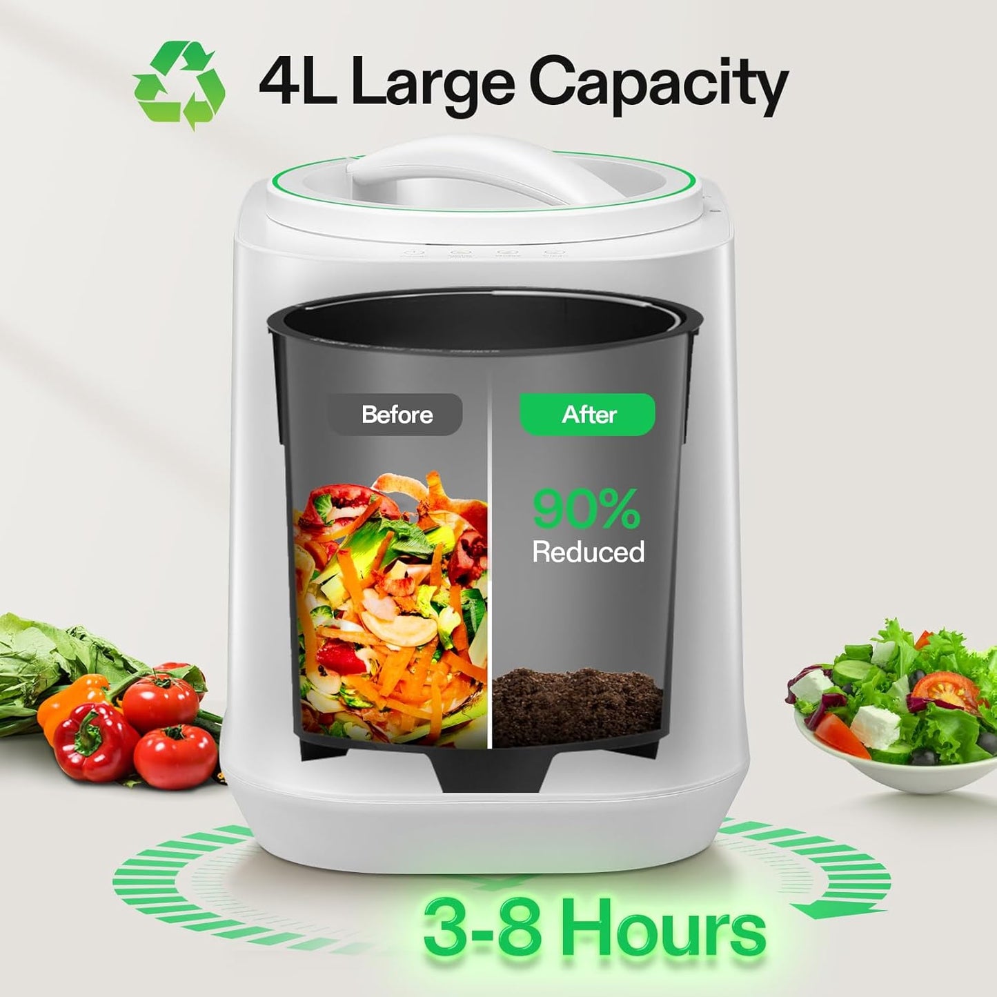 VIVOSUN 4L Electric Composter for Kitchen Indoor, Smart Compost Machine for Countertop, Odorless/Auto-Cleaning/3 Modes/Intelligent LED Display, Mill Composter Kitchen Bin Food Recycler, White