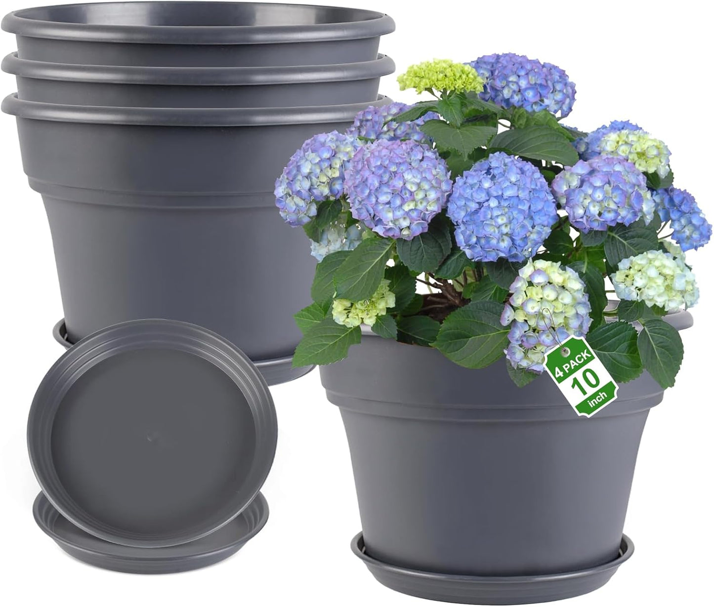 10-inch-Plant-Pots-Indoor-Outdoor, 4 Pack Plastic Planters with Drainage Holes & Saucers, Resin Flower Pots with Trays, Classic Garden Pot Container for House