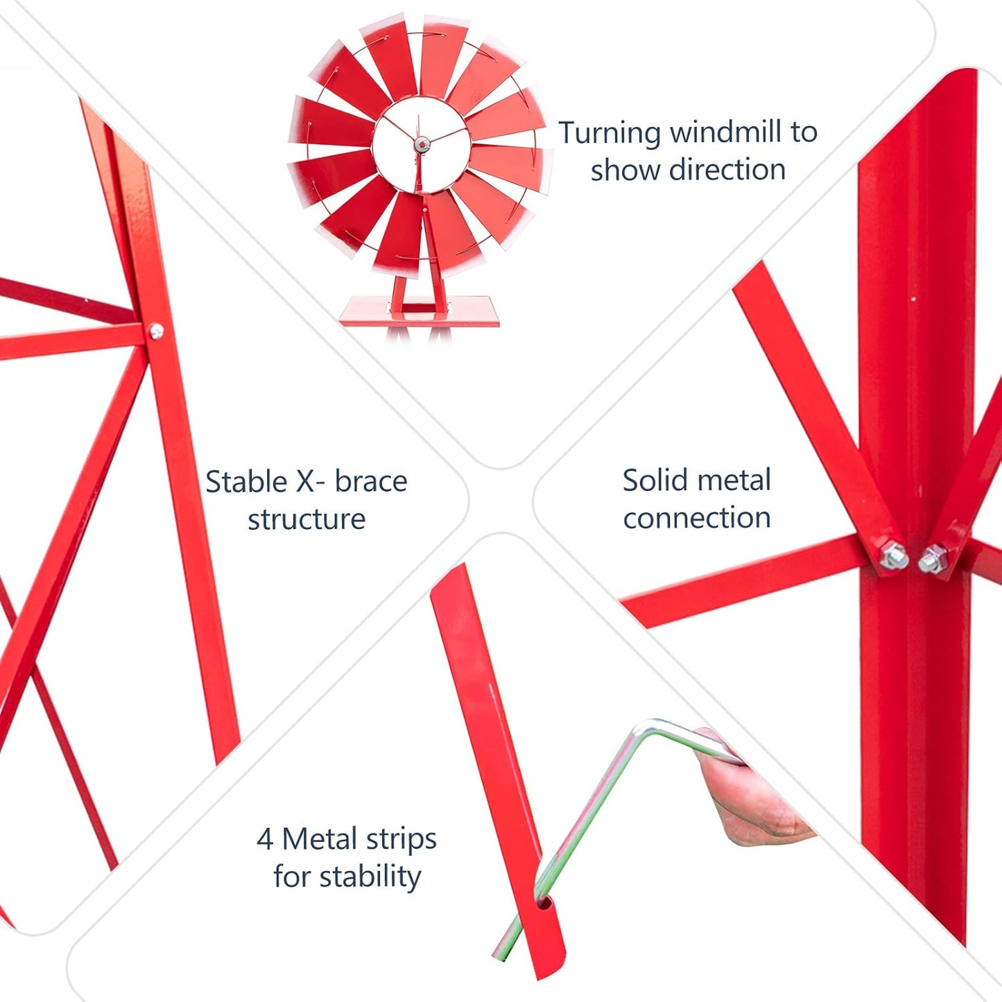 8ft Garden Windmill, Heavy Duty Durable Metal Weather Vane for Backyard, Ornamental Windmill for Yard Weather Resistant (Red, 8FT)
