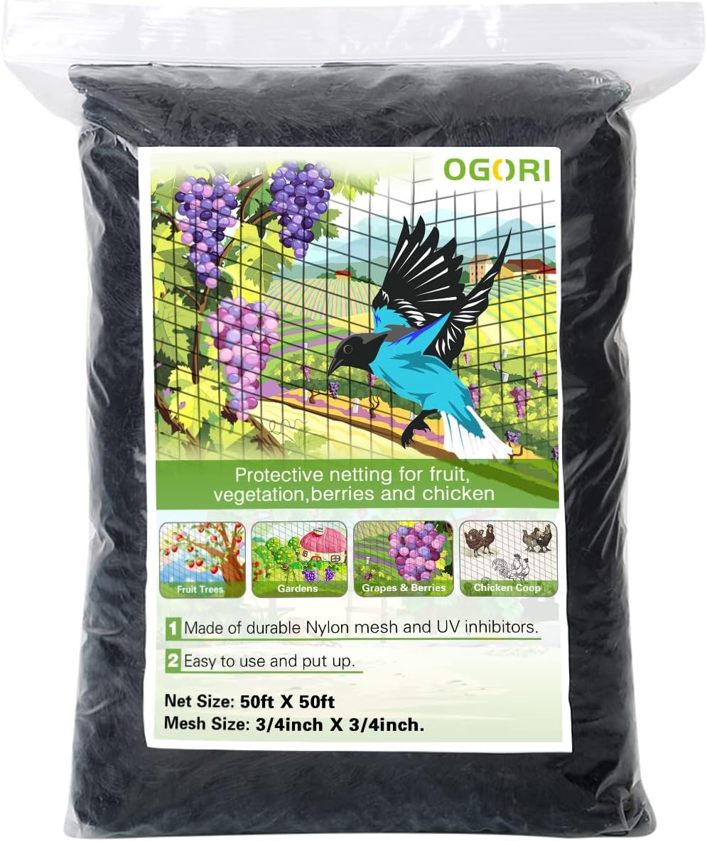 OGORI 50' x 50' Bird Netting Heavy Duty Nylon 3/4" Mesh Garden Netting Protect Fruit Trees, Plants and Vegetables