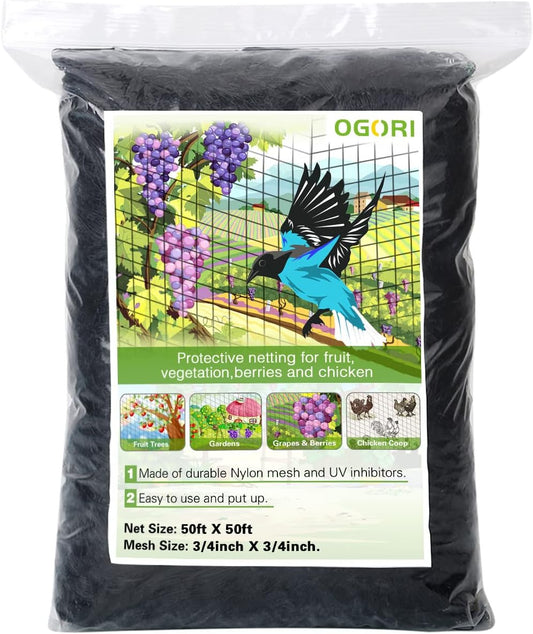 OGORI 50' x 50' Bird Netting Heavy Duty Nylon 3/4" Mesh Garden Netting Protect Fruit Trees, Plants and Vegetables