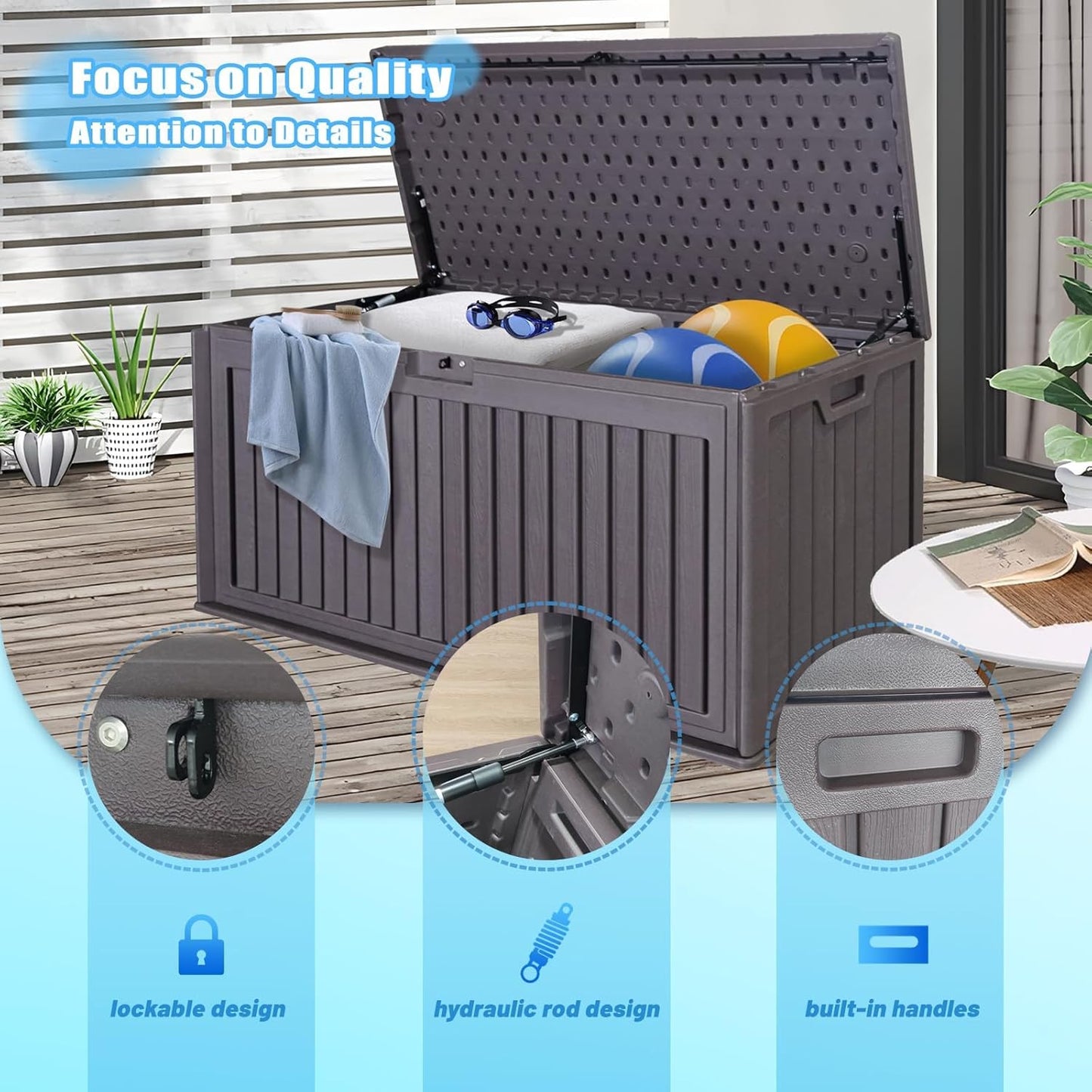 100 Gallon Outdoor Storage Box Waterproof, Resin Deck Box with Dual-Wall for Storing Gardening Tools, Pool Supplies, And More