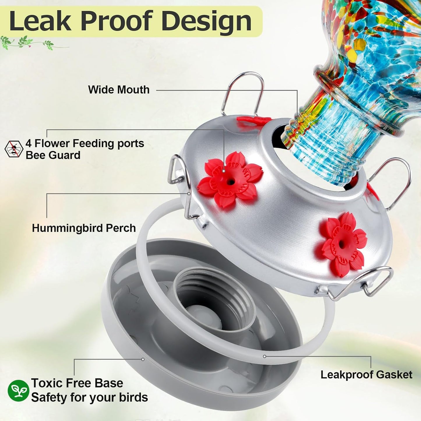 Hummingbird Feeder for Outdoors with Ant Moat, Blue Hummingbird Feeder, Hand Blown Twisted Glass, 4 Bee Guard Feeding Ports with Perch, Outdoor Décor, 16OZ, Gifts for Mom Wife Dad Men Women