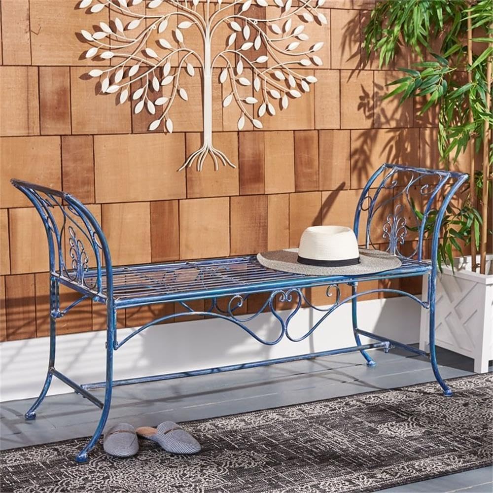 SAFAVIEH PAT5016C Outdoor Collection Adina Antique Blue Wrought Iron 51-inch Garden Bench