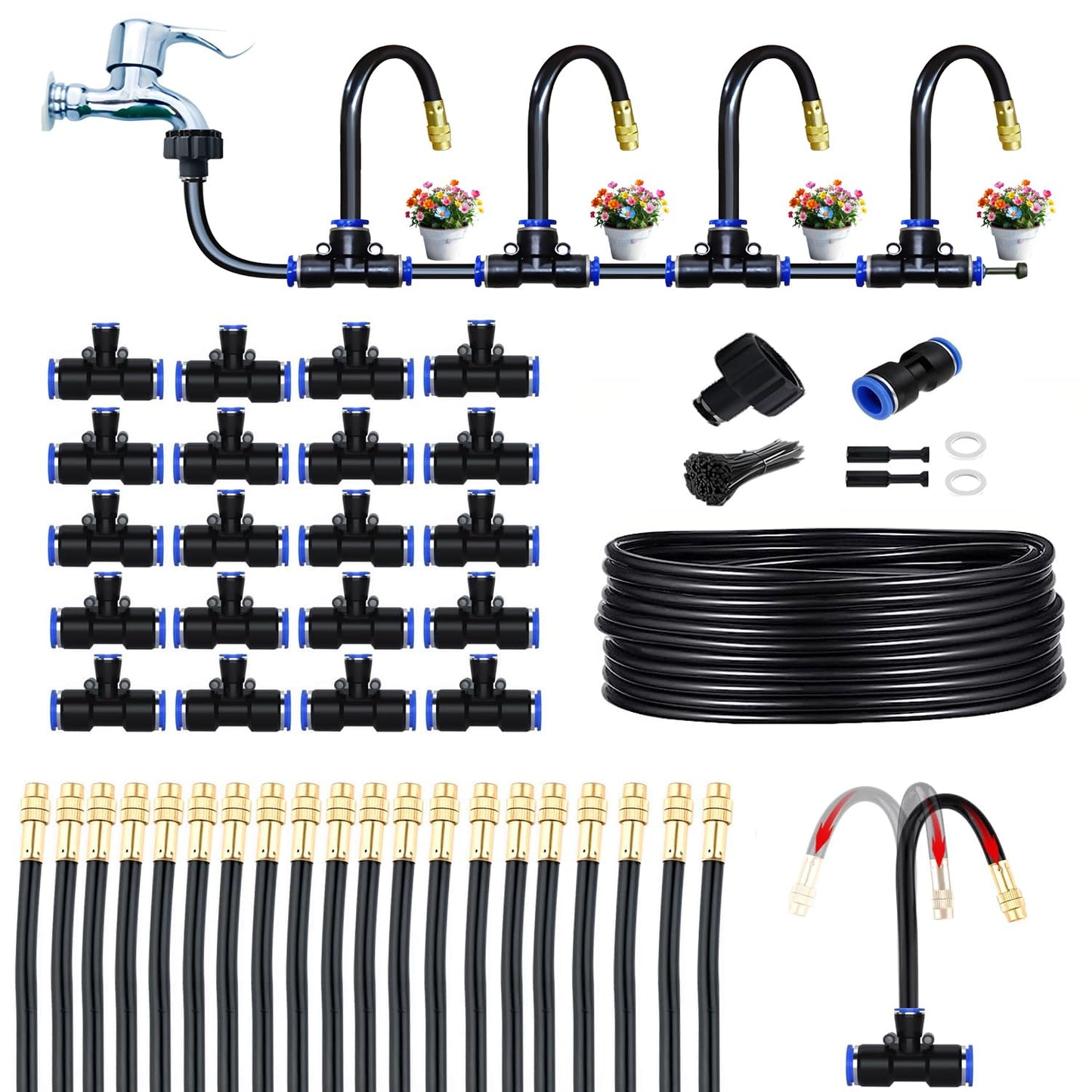 Greenhouse Drip Irrigation Kit Automatic Irrigation System 360°Adjustable 20 Brass Spray Nozzles 12mm Irrigation Tubing Hose Patio Misting Plant Watering with 65Ft Blank Distribution Tubing Hose