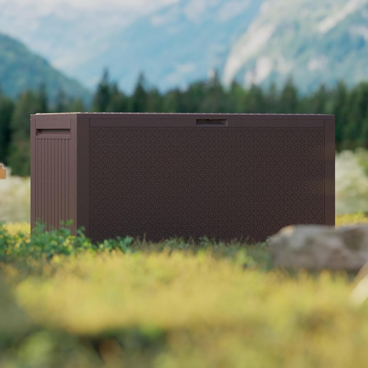 90 Gallon Outdoor Storage Box, Lockable Package Outside Storage Box Waterproof, Patio Cushions Deck Storage Boxes, Rattan Plastic Garden Hose Containers Resin Pool Storage Bins with lids, Brown