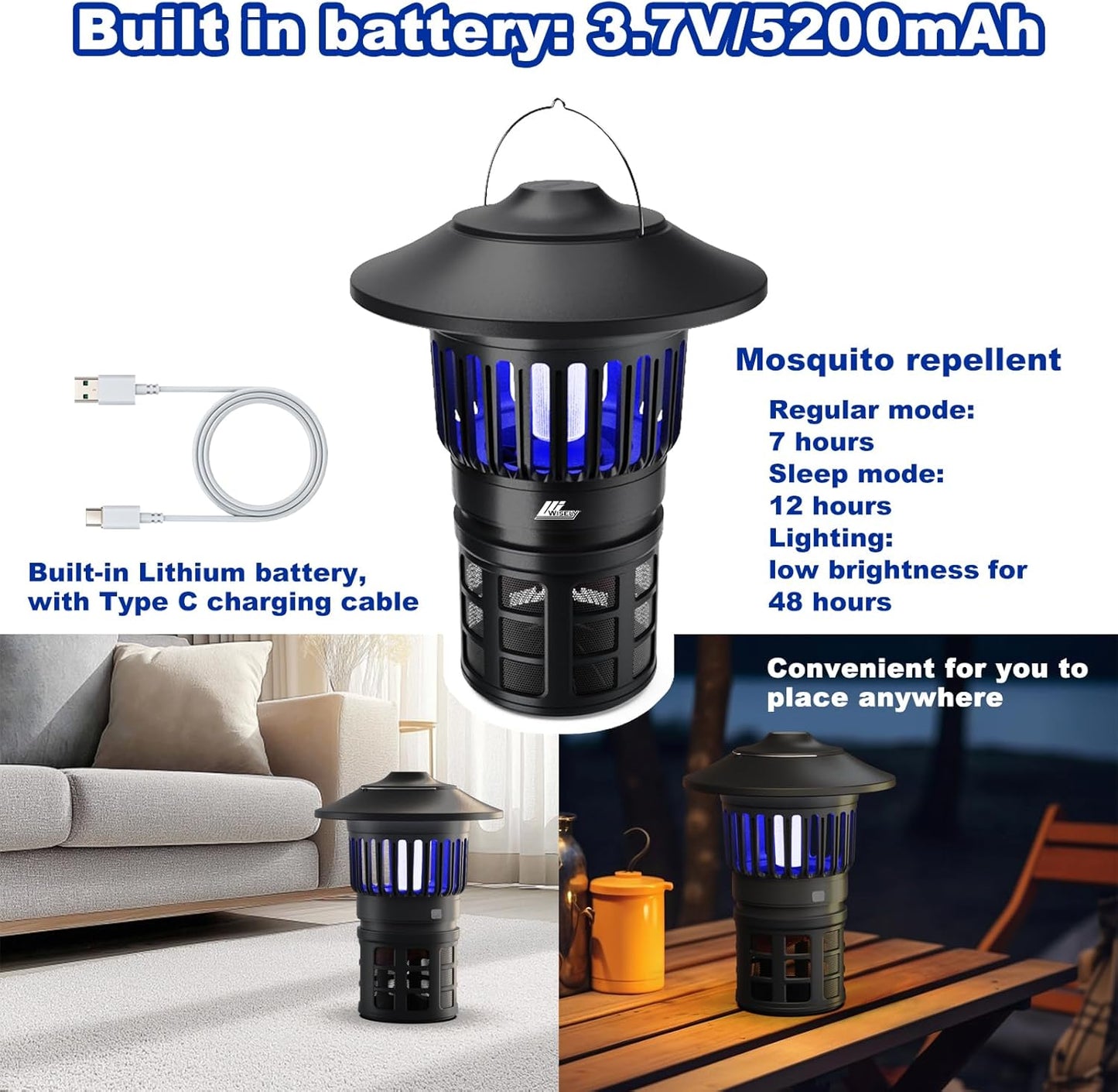 Wisely Fly Traps Outdoor - Rechargeable Cordless Flying Insect Trap IPX4 Waterproof with LED Light Adjustable - Catch Mosquitoes, Flies, Gnats, Wasps for Patio,Camping,Living Room,Home - Black