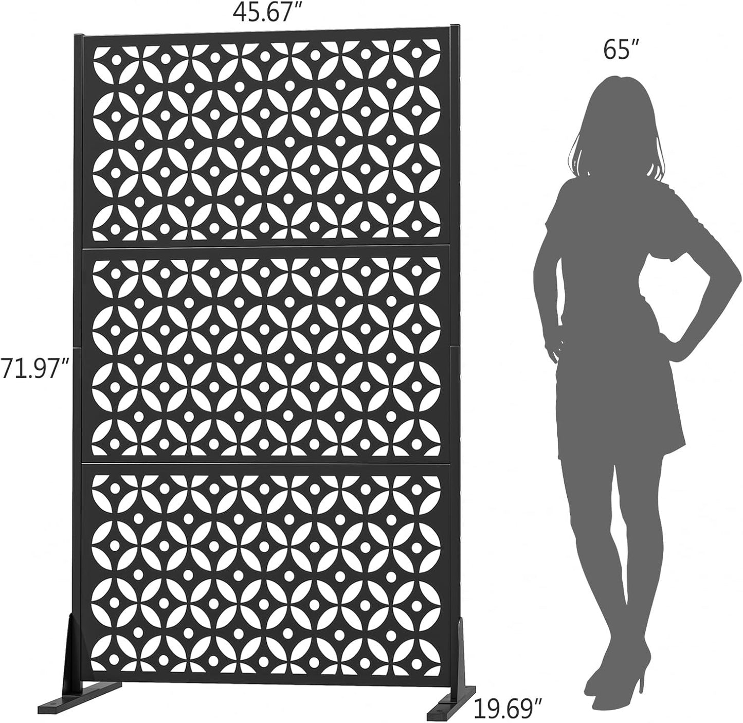 Metal Privacy Screen Outdoor 72" H×47" W,Freestanding Decorative Privacy Screen for Balcony Yard&Garden,Privacy Fence-Black&Louvered