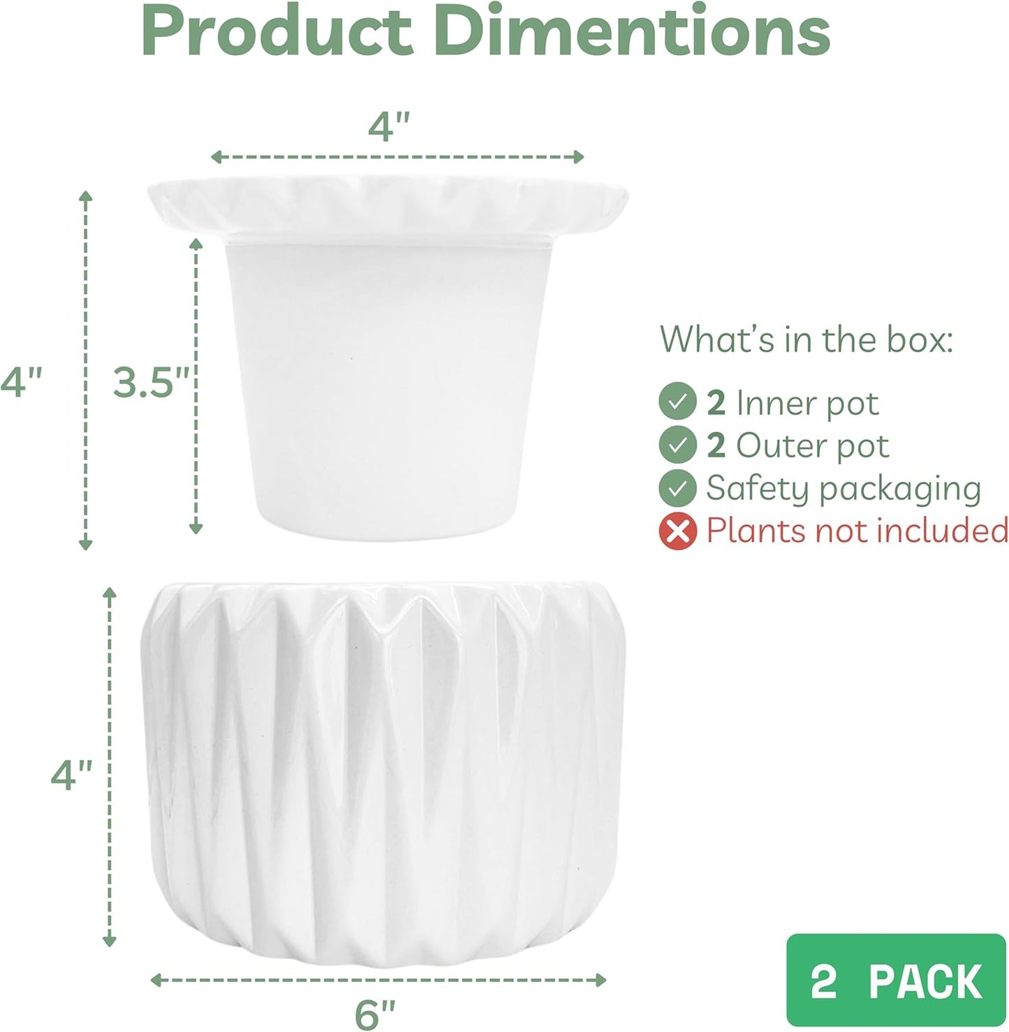 6 inch Self Watering Pot for Indoor Plants, African Violet Pot Ceramic, Flowers Planter (4 inch Opening), Holds 3 Weeks of Water (2 Pack White)