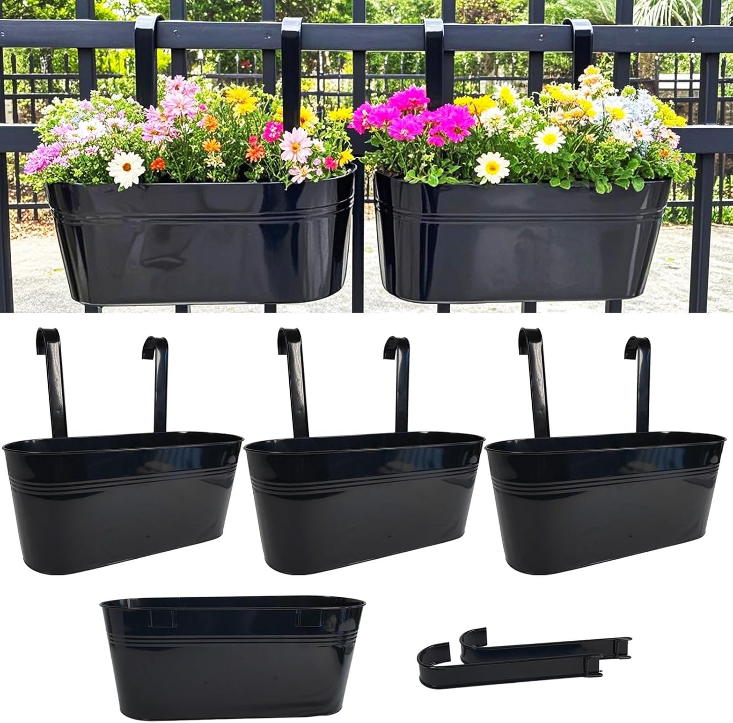 Hanging Planters for Outdoor Plants, 17" Railing Planter Pots, Metal Fence Flower Pot for Porch Balcony with Detachable Hook (Black, Pack of 4)