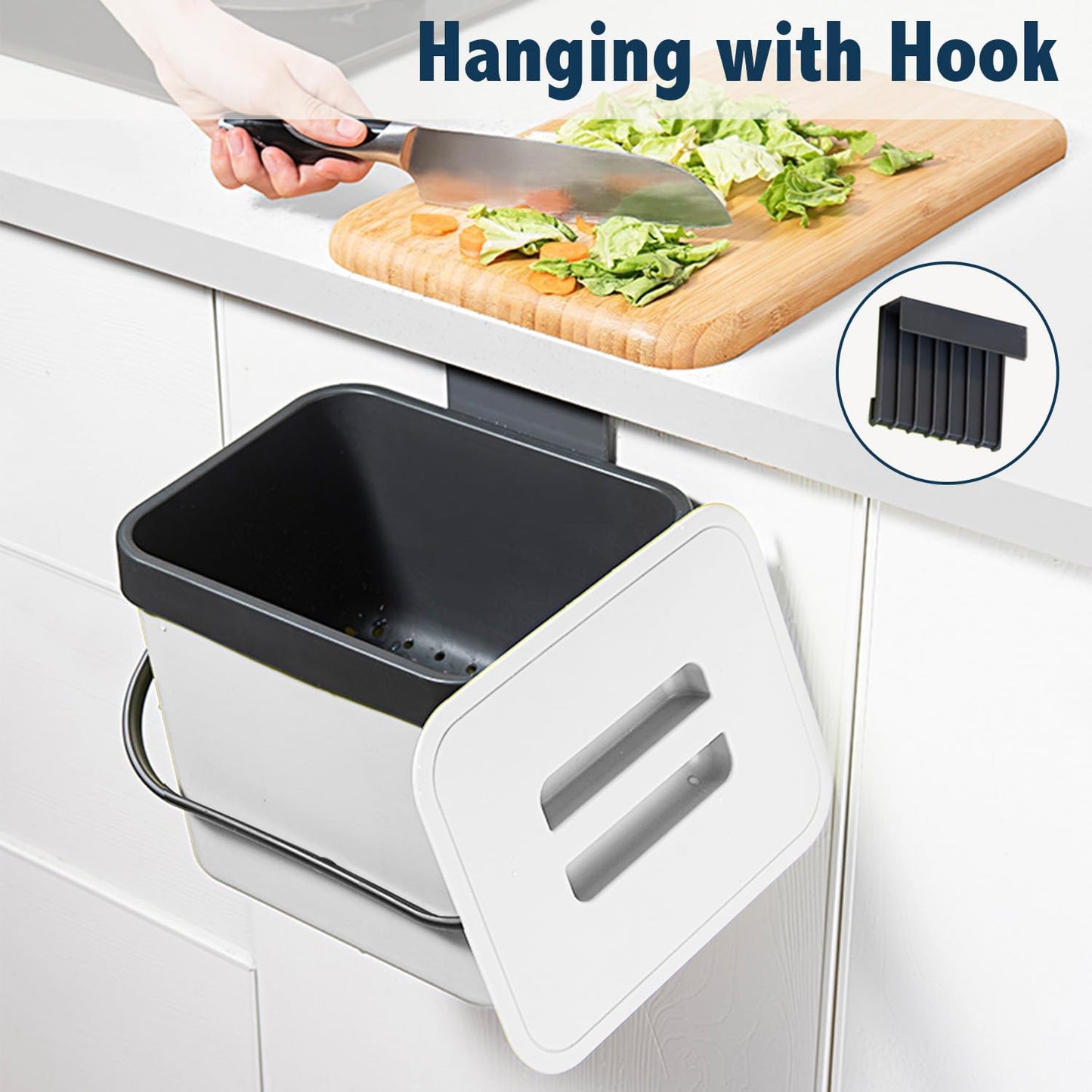 Kitchen Compost Bin Countertop, LALASTAR Hanging Trash Can with Lid for Kitchen Cabinet Door, Wall-Mounted Compost Pail with Colander, 1.8 Gallons, White