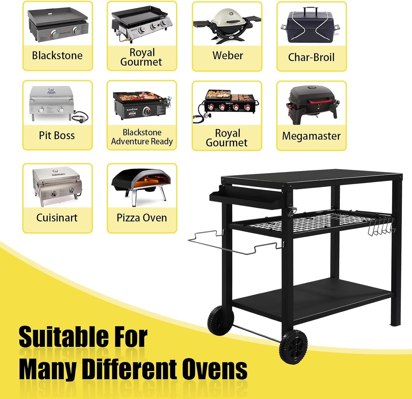 Outvita Outdoor Grill Cart, Movable Food Prep and Work Cart Table, Pizza Oven Stand Table with Wheels, Indoor & Outdoor Multifunctiona BBQ Cart with Mesh Racks for Home Party Camping