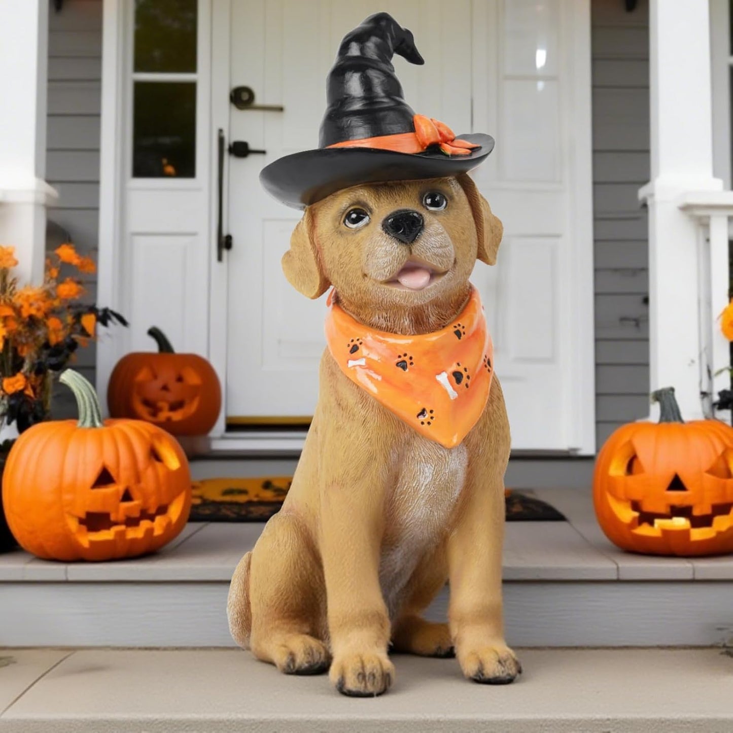 Halloween Decorations Indoor Dog Statue - Halloween Decor Figurine for Outdoor Indoor Mysterious Gothic Tabletop Puppy Sculpture Witch hat, Spooky Gifts Ghost Garden Decorations Rottweiler 5x7x13INCH