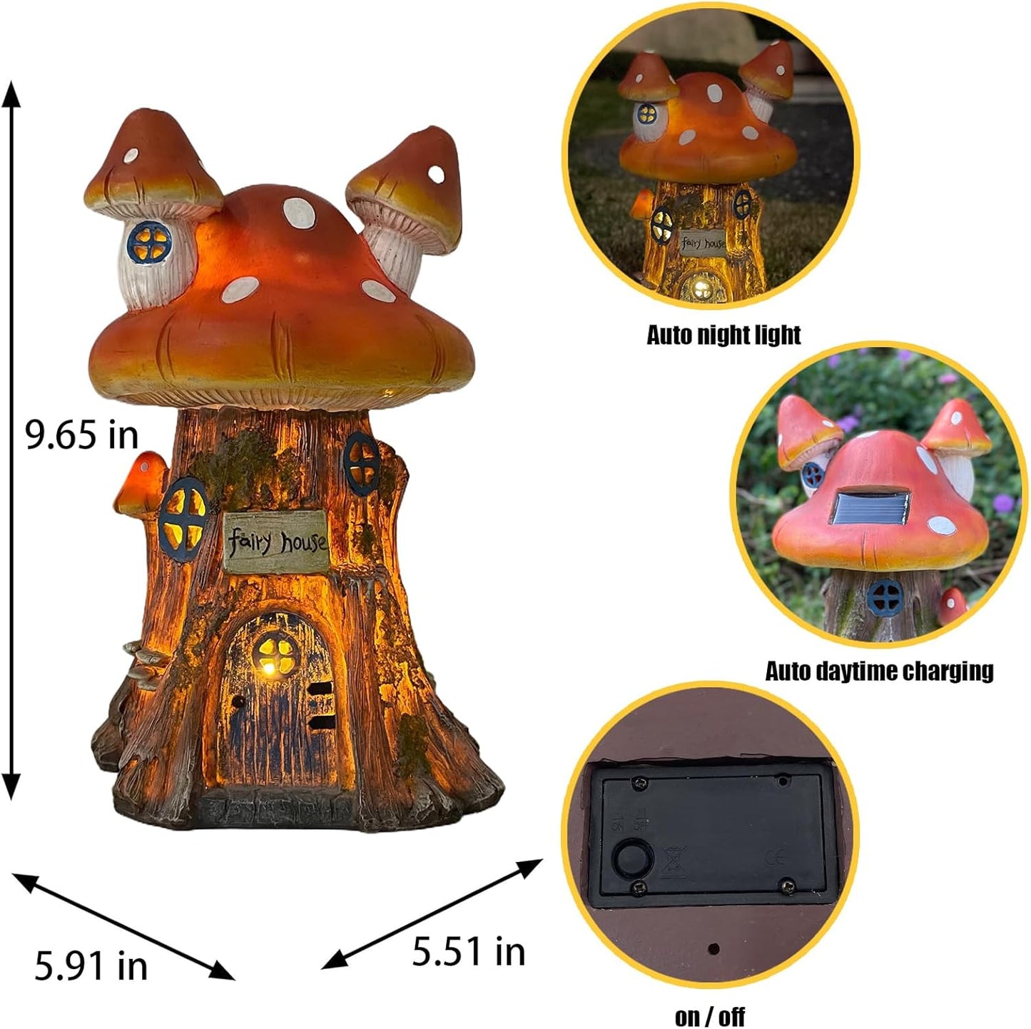 COWOS Mushroom House Sculptures, Collection of Resin Garden Sculptures, Resin Fairy House Statue, Solar Fairy Garden Figurine with Warm White Light Mushroom for Outdoor, Lawn, Yard Decoration