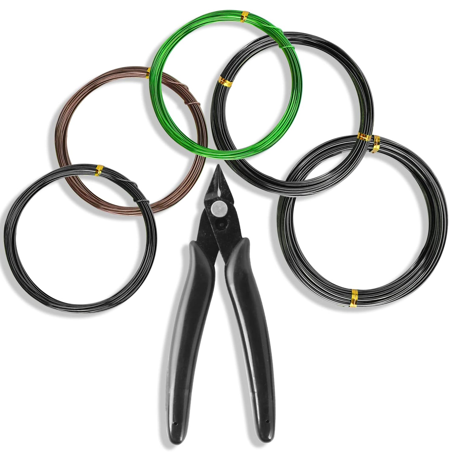 Sanlykate Bonsai Wire Tool Kit with Cutter, 5 Roll Tree Training Wires 164 Feet Total, 1.0mm, 1.5mm, 2.0mm Anodized Aluminum Wire Set, Hold Plant Branches Trunks (Black, Green, Brown)