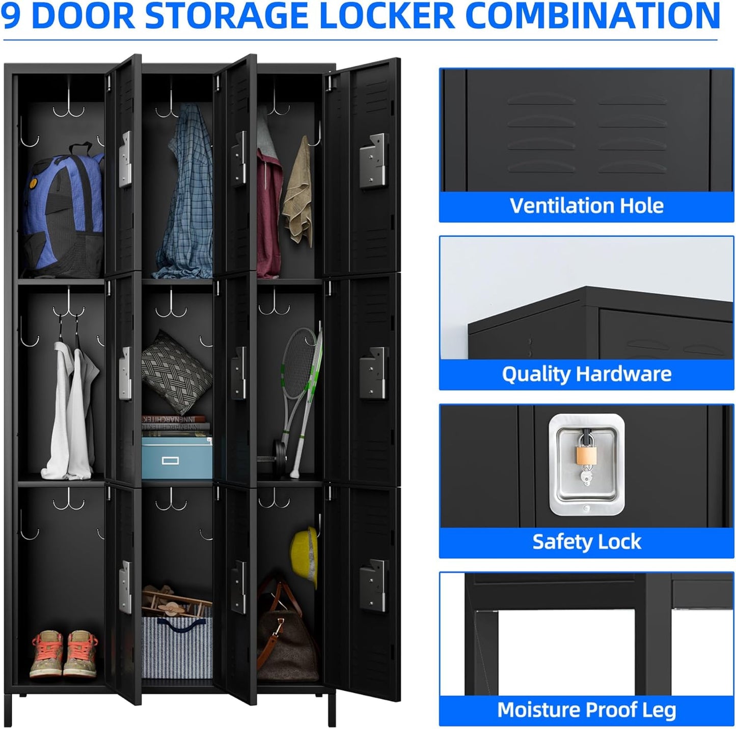 9 Doors Metal Lockers for Employees with Lock, Metal Locker with 18 Hooks for School Garage Office Gym Home,Assembly Required,Black