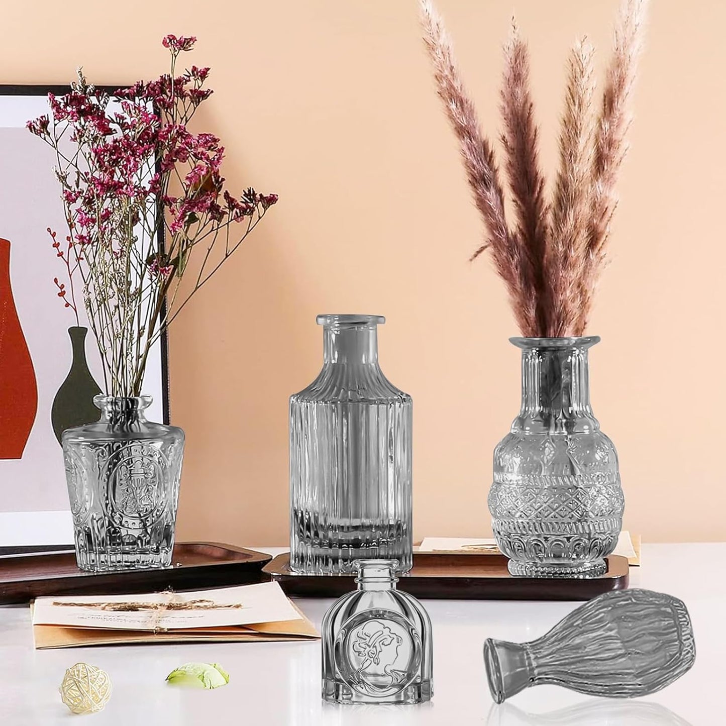 Dark Gray Bud Vases Set, 24 Pcs Vintage Small Vases for Flowers, Clear Crystal Mini Glasses in Bulk, Small Flower Design for Centerpieces Wedding Home Flower Party Decor