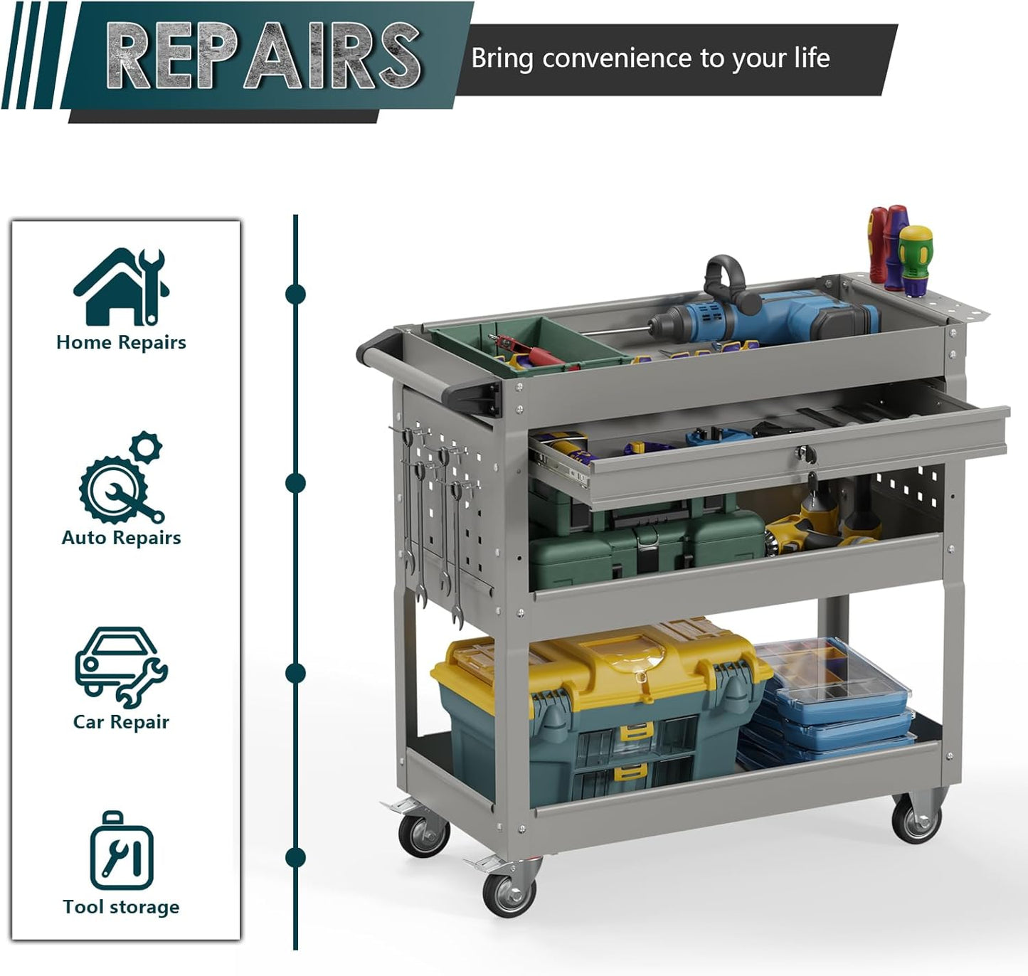 3 Tier Rolling Tool Cart on Wheels with Locking Drawer - Metal Service Cart Industrial Utility Cart for Mechanic - 350 LBS Mobile Storage Organizer for Garage, (Gray)