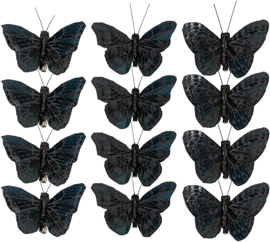 Cartanfill-Artificial Butterfly Decorations Set, 12 Pieces, 6 Colors, Clip for Home, Wedding, Party Decor (D-Black)