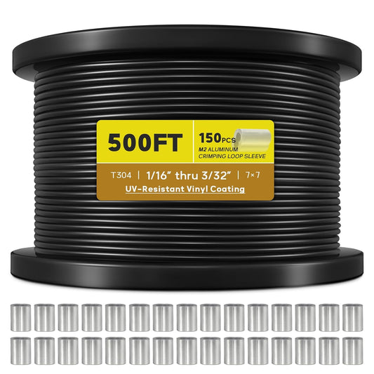 Vinyl Coated Wire Rope 1/16 Inch Overmolded to 3/32 Inch, 500FT 304 Stainless Steel Cable with 150 Pcs Crimping Sleeves for String Light Hanging Kit, Clotheslines and Trellis Wire