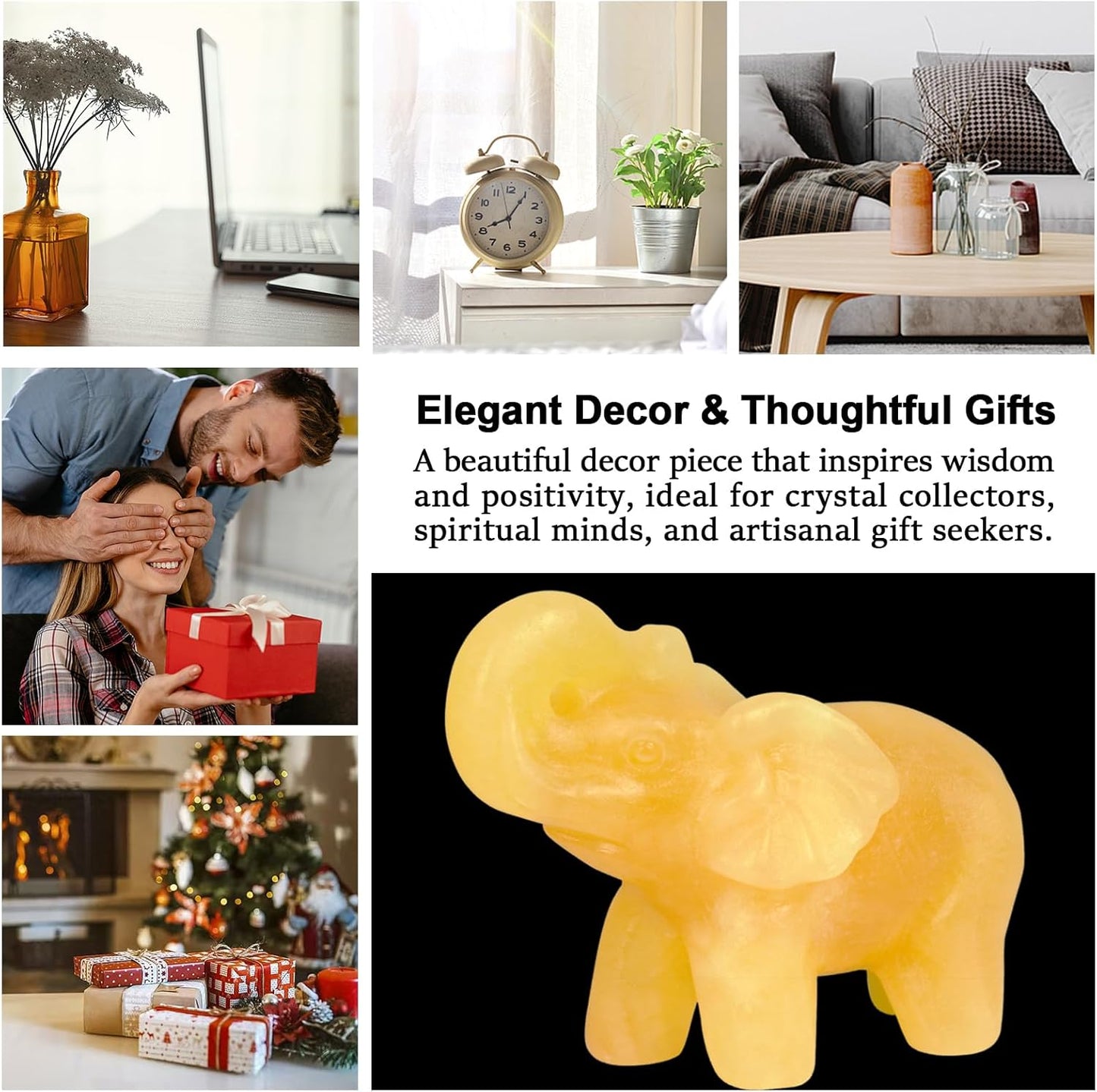 2 Inch Yellow Jade Crystal Elephant Sculpture Handcrafted Healing Stone Animal Figurine Spiritual Home Decor Lucky Charm Gift for Wealth Success Positive Energy and Meditation Lovers