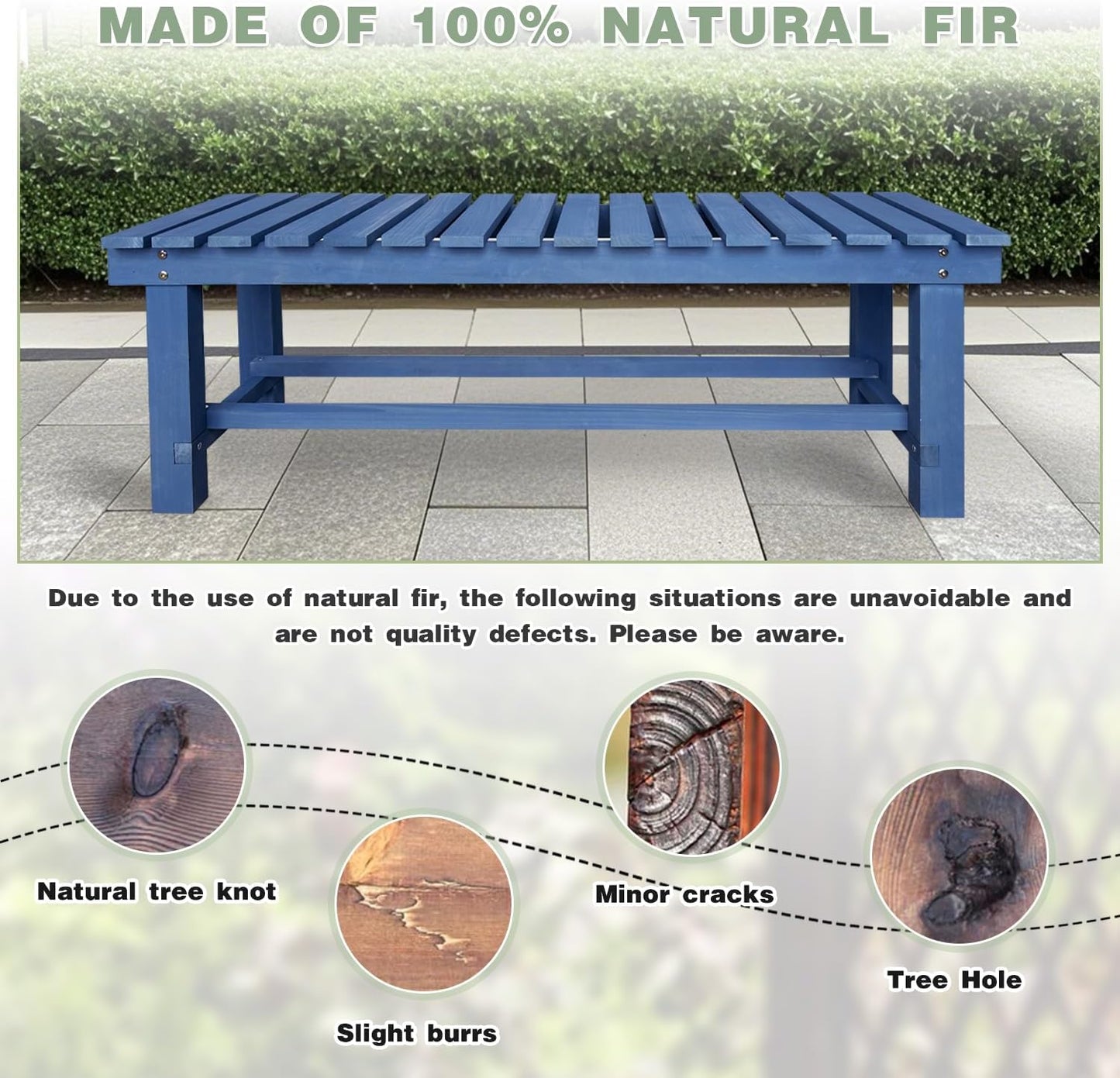 Outdoor Garden Wood Bench, 2-Person Weatherproof Wooden Bench Park Narrow Bench, Never Rot or Fade Waterproof Backless Bench for Entryway, Outdoor, Patio, Porch, Backyard and Park (Blue, 35.5''/90cm)