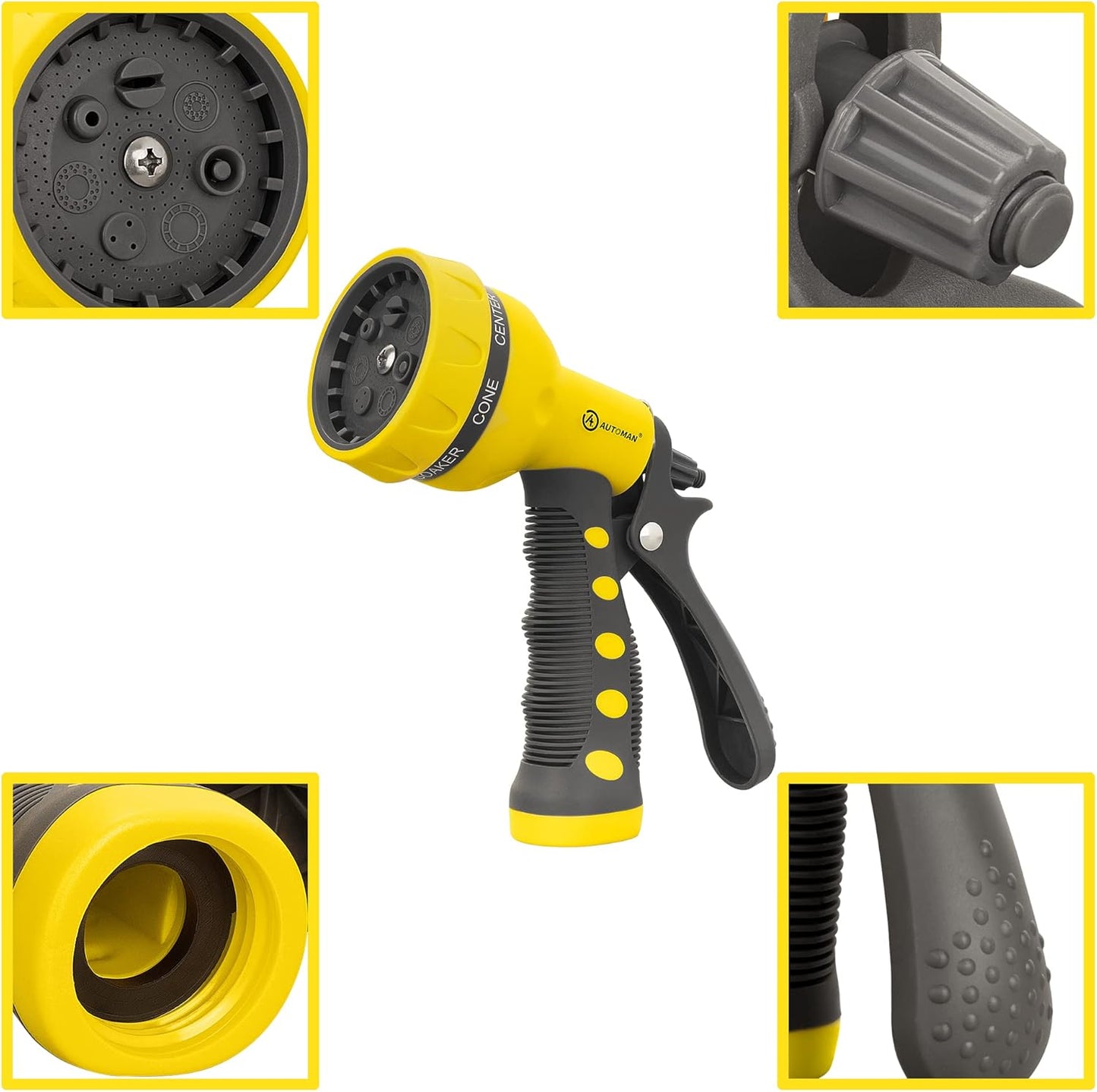 AUTOMAN-Garden-Hose-Nozzle,ABS Water Spray Nozzle with Heavy Duty 7 Adjustable Watering Patterns,Slip Resistant for Watering Plants,Lawn& Garden,Washing Cars,Cleaning,Showering Pets - Yellow